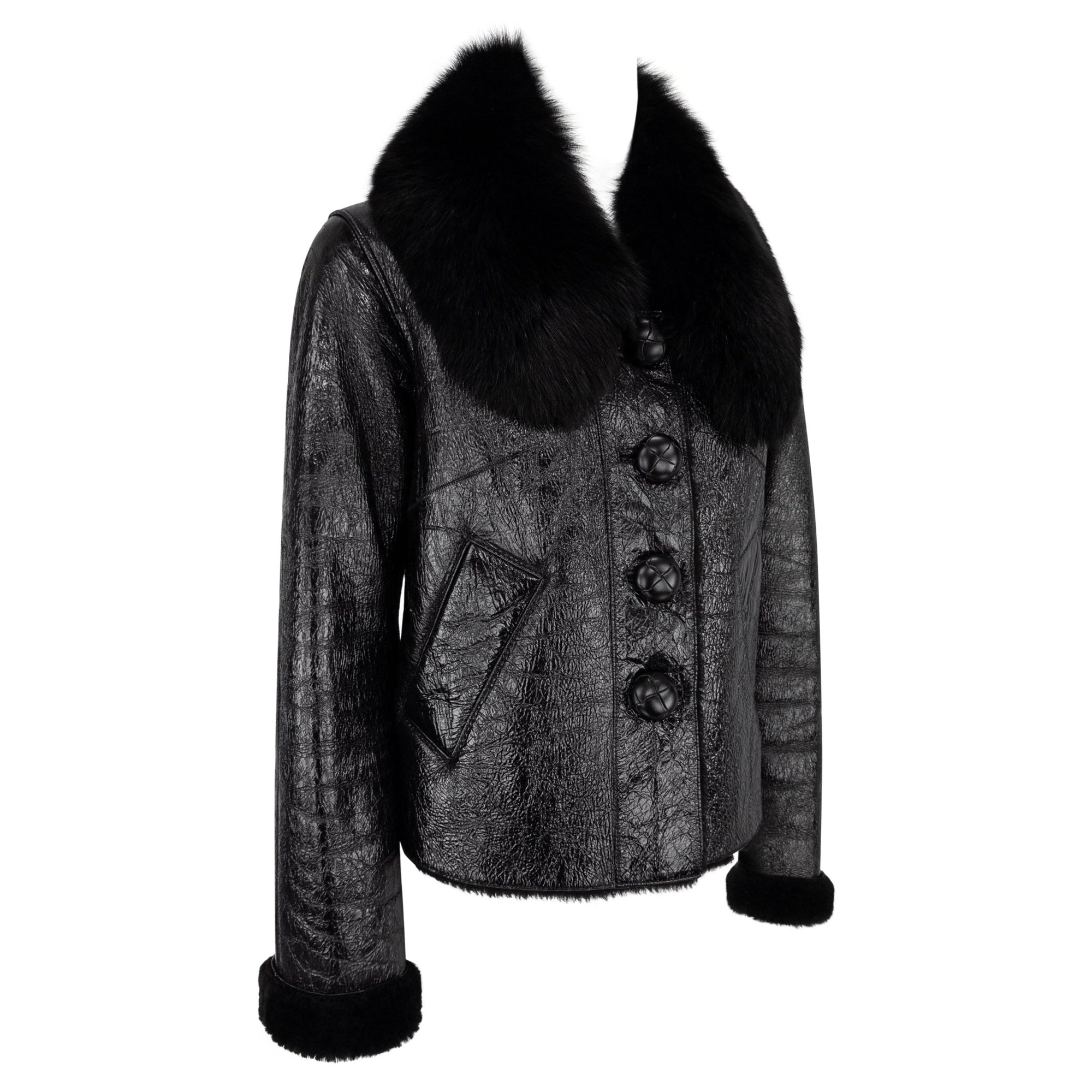 2000s Michael Kors Collection Black Patent Leather Shearling Fur Cropped Jacket - RealList