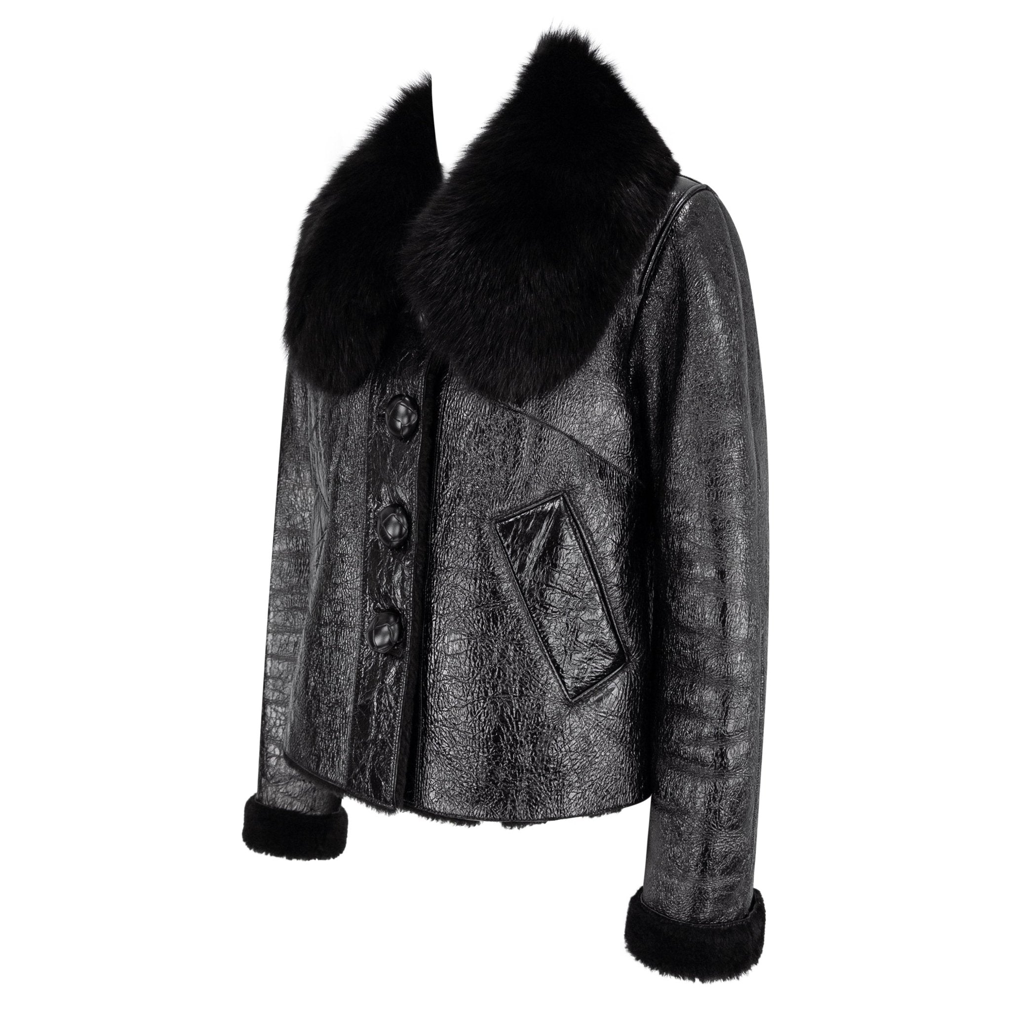 2000s Michael Kors Collection Black Patent Leather Shearling Fur Cropped Jacket - RealList