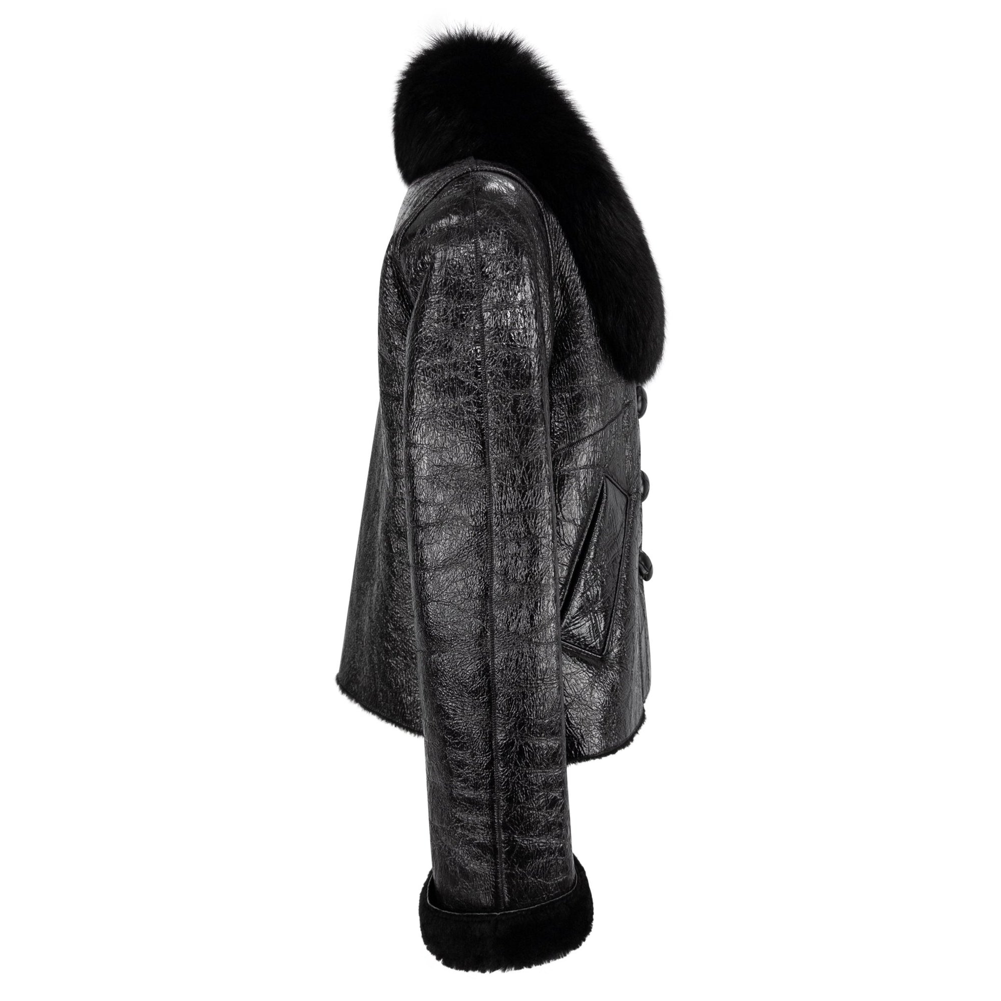 2000s Michael Kors Collection Black Patent Leather Shearling Fur Cropped Jacket - RealList