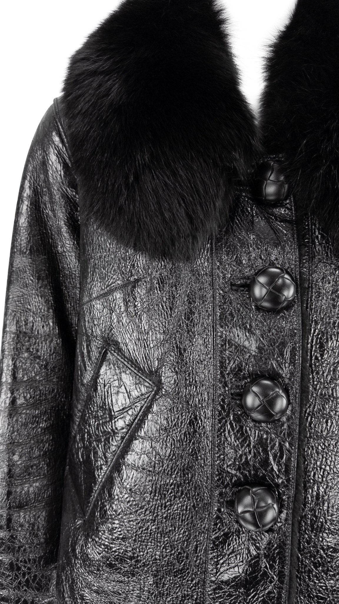 2000s Michael Kors Collection Black Patent Leather Shearling Fur Cropped Jacket - RealList