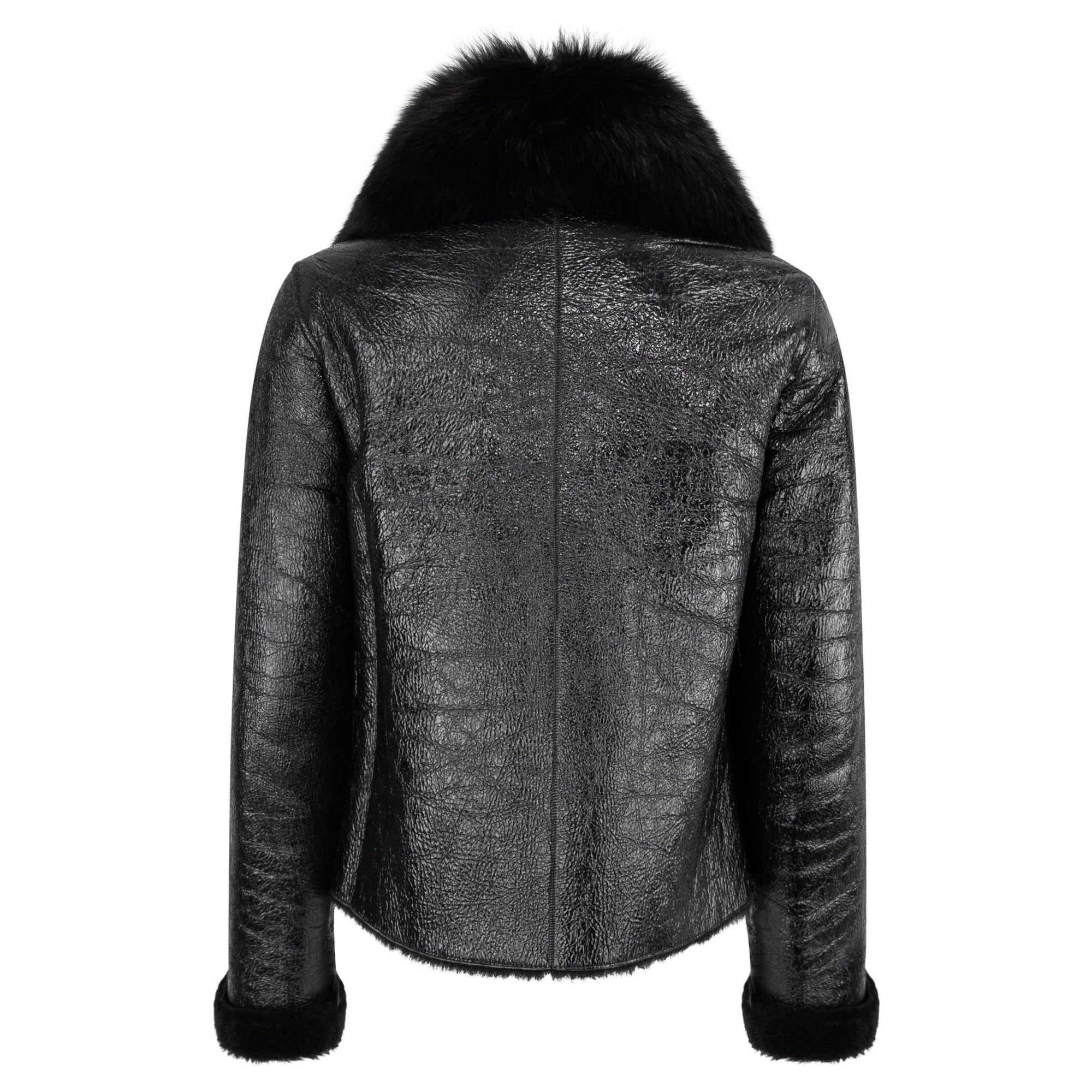 2000s Michael Kors Collection Black Patent Leather Shearling Fur Cropped Jacket - RealList