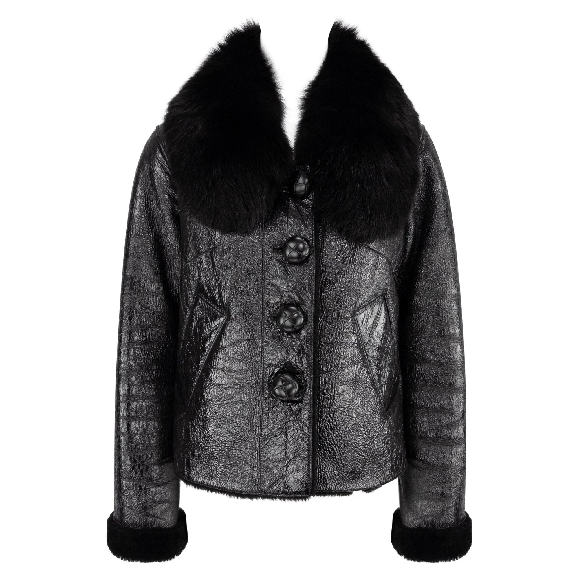 2000s Michael Kors Collection Black Patent Leather Shearling Fur Cropped Jacket - RealList