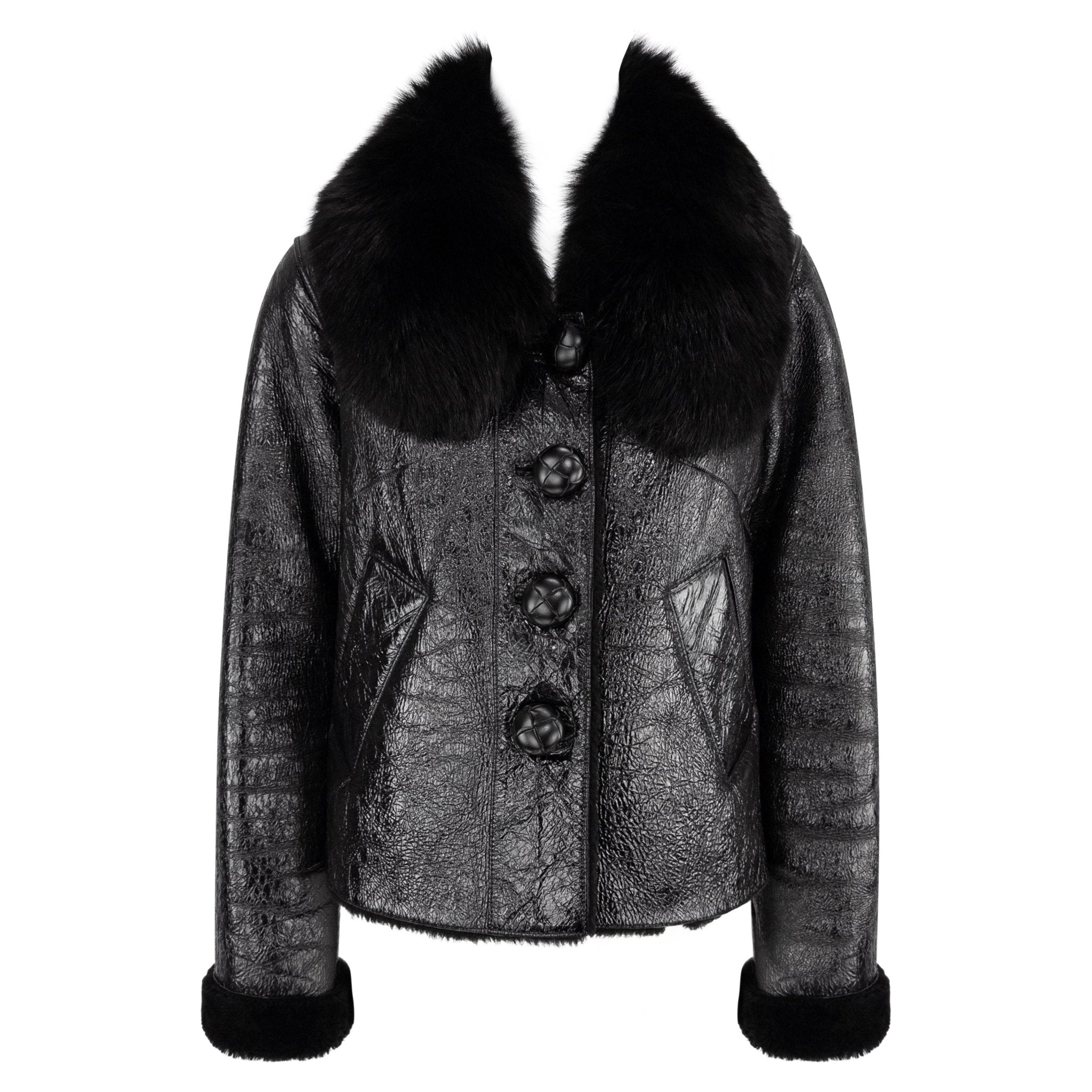 2000s Michael Kors Collection Black Patent Leather Shearling Fur Cropped Jacket - RealList