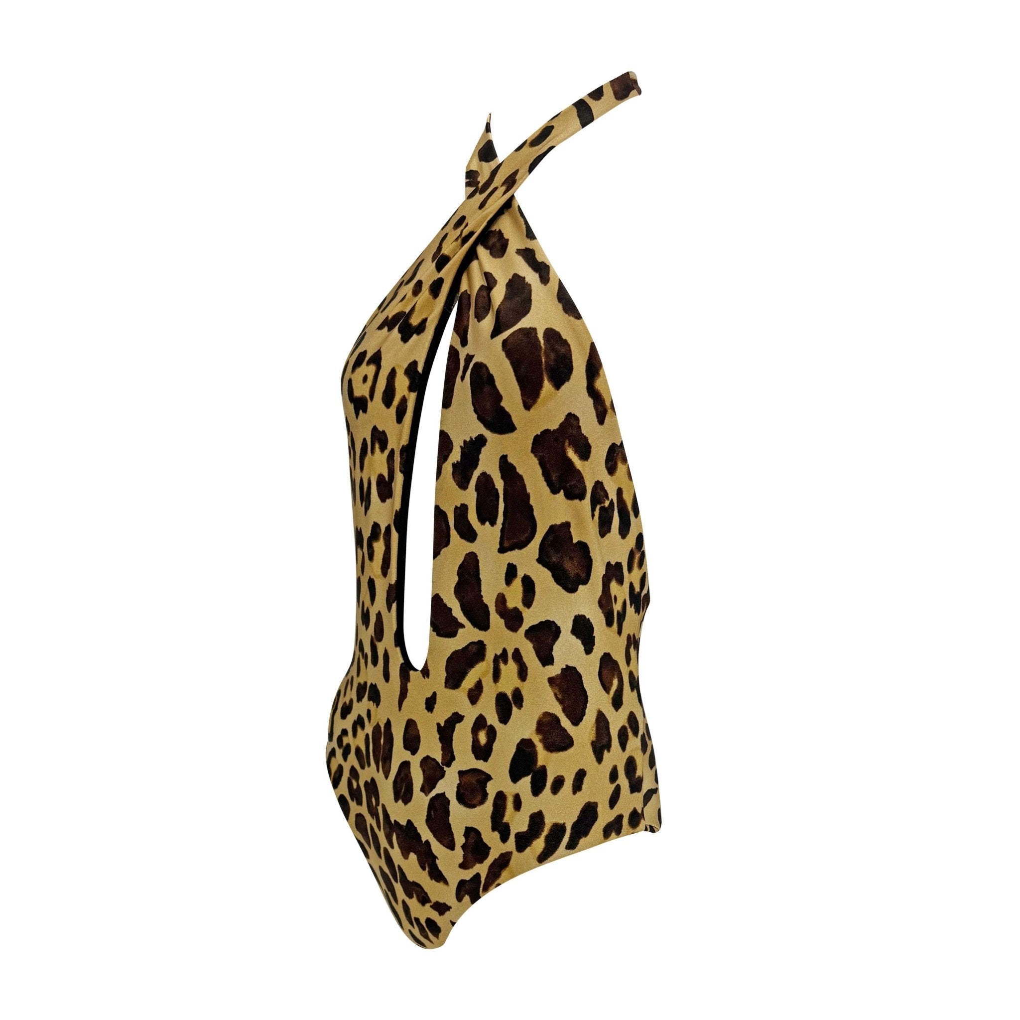 2000s Ralph Lauren Leopard Print Plunging Halter Tie One - Piece Swim Suit - RealList