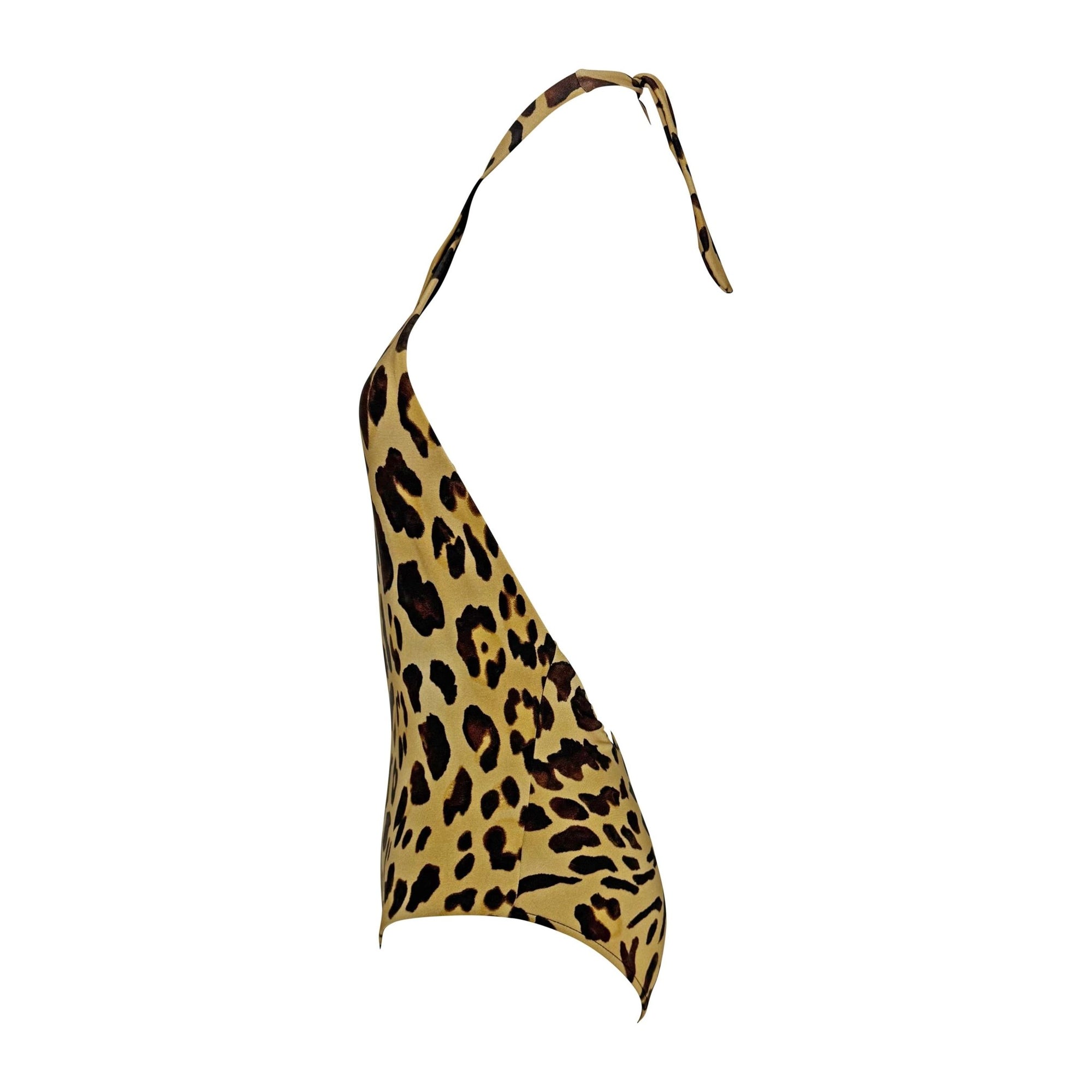 2000s Ralph Lauren Leopard Print Plunging Halter Tie One - Piece Swim Suit - RealList