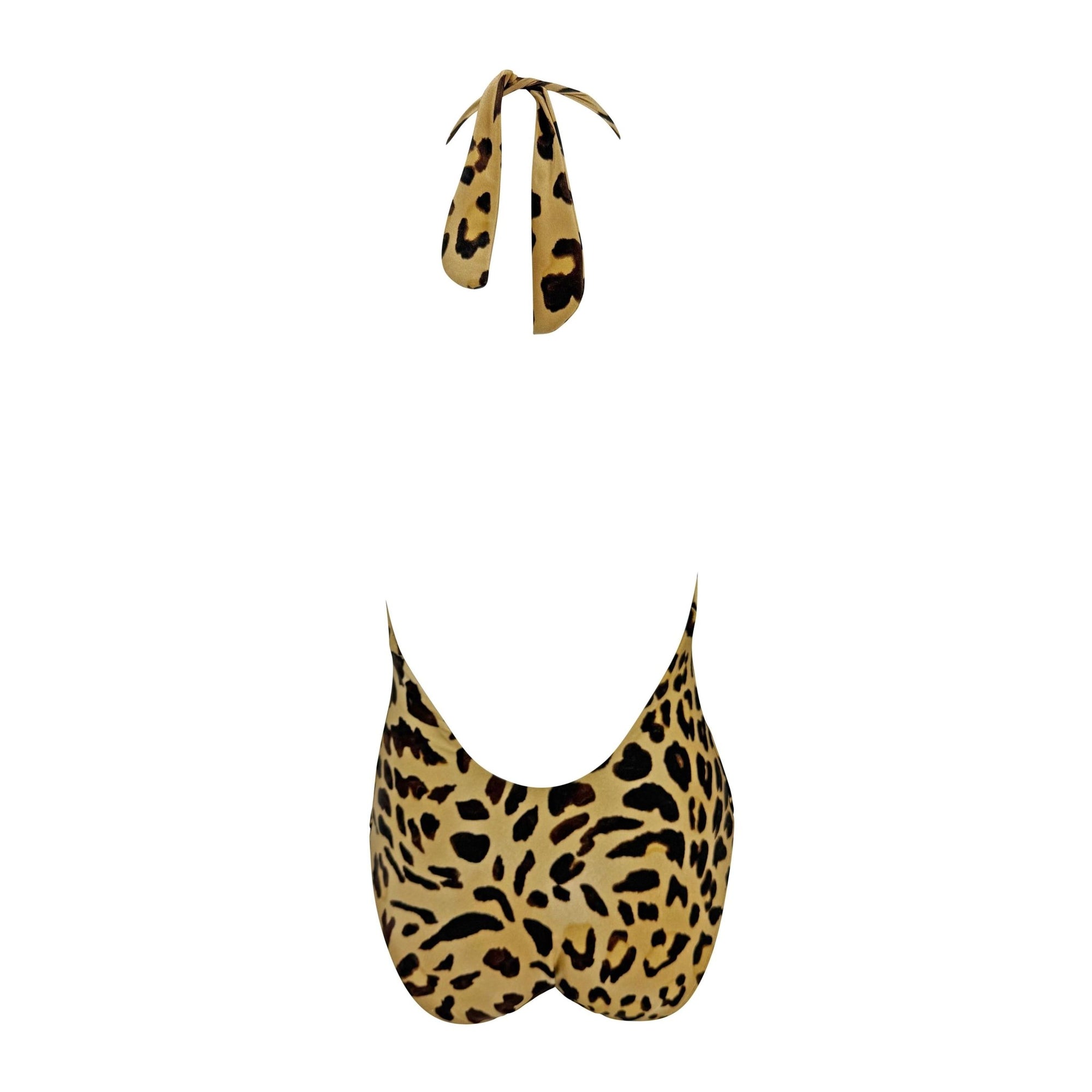 2000s Ralph Lauren Leopard Print Plunging Halter Tie One - Piece Swim Suit - RealList
