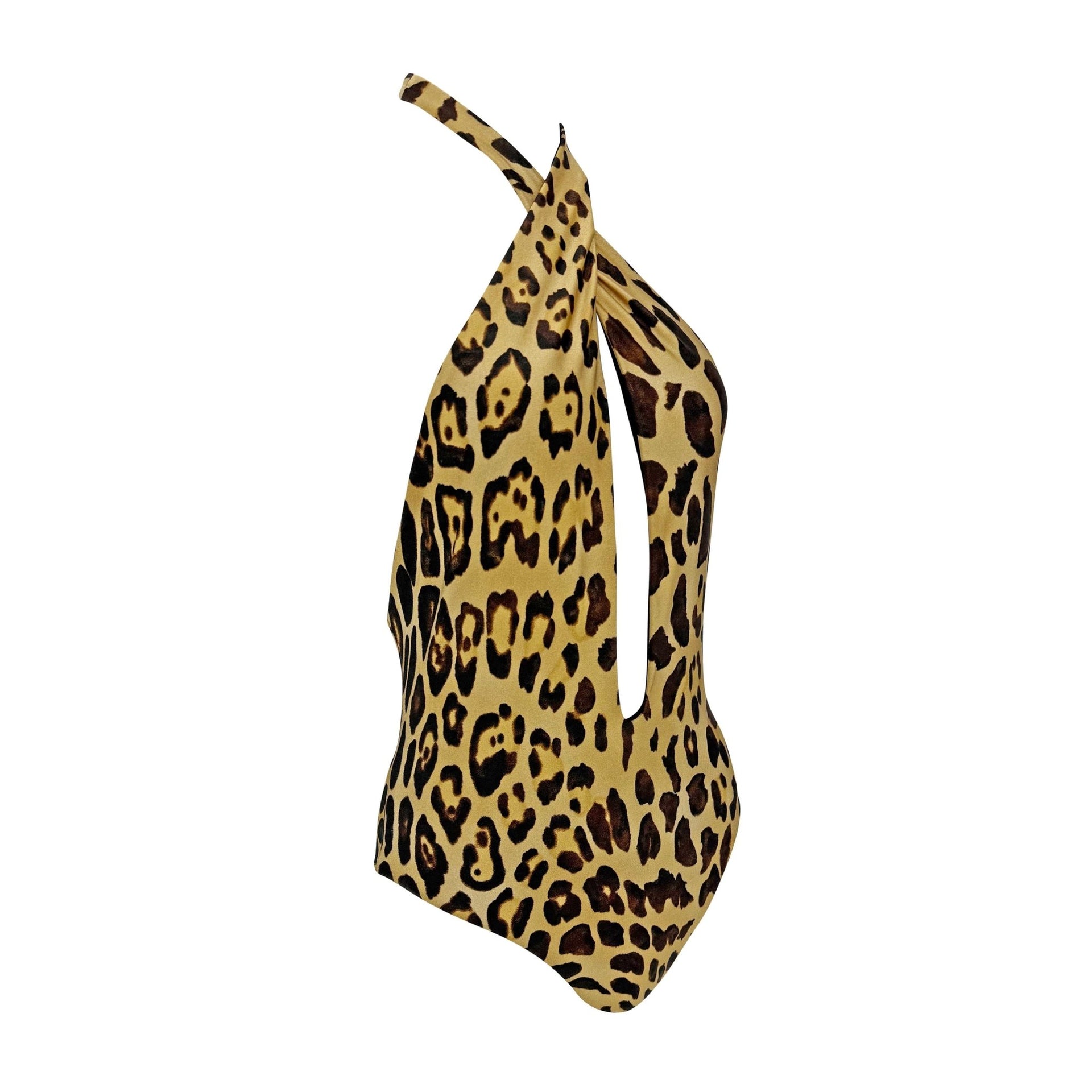 2000s Ralph Lauren Leopard Print Plunging Halter Tie One - Piece Swim Suit - RealList