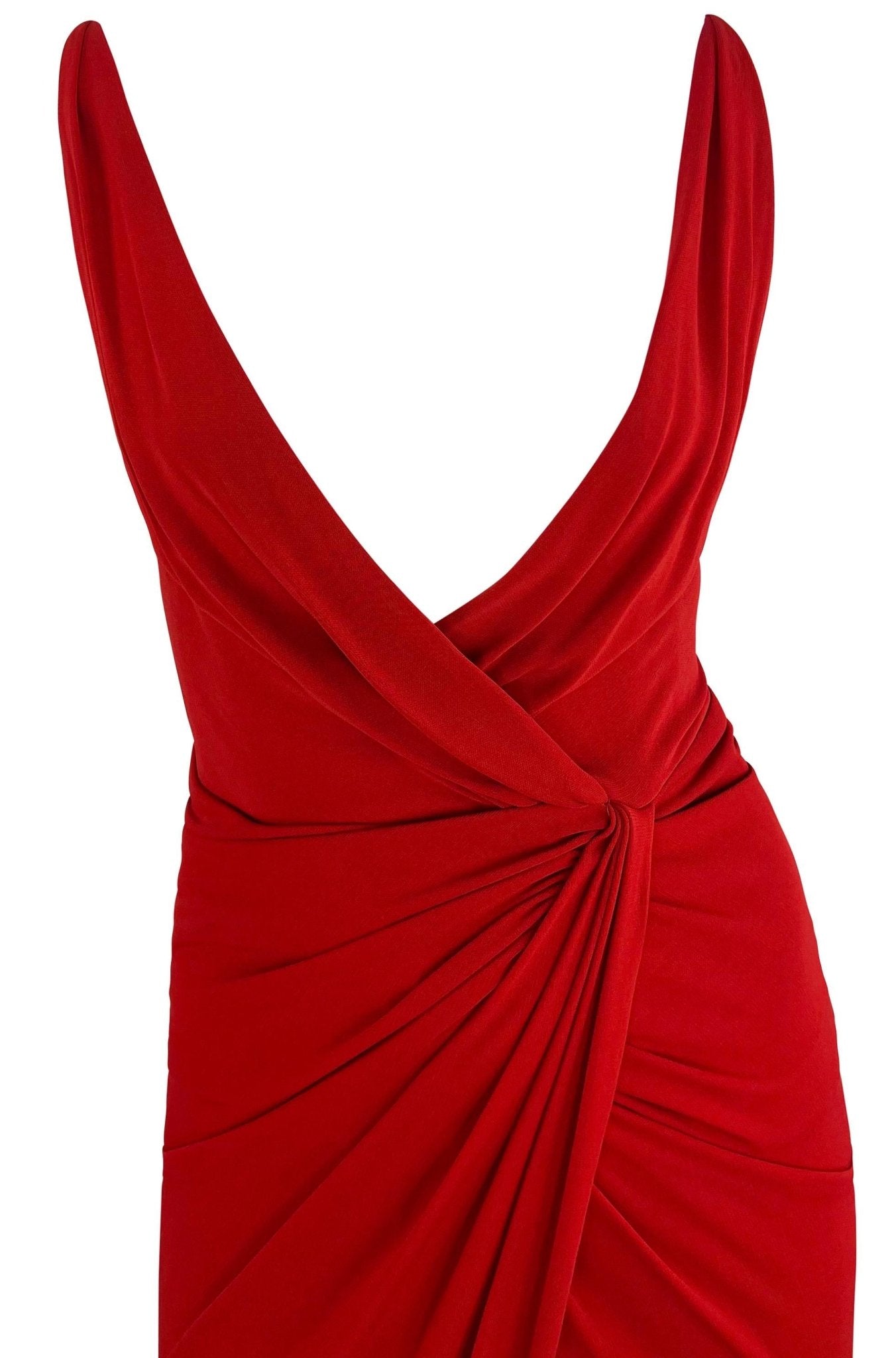 2000s Randolph Duke Red Plunging Neckline High - Slit Stretch Faux - Wrap Gown - RealList
