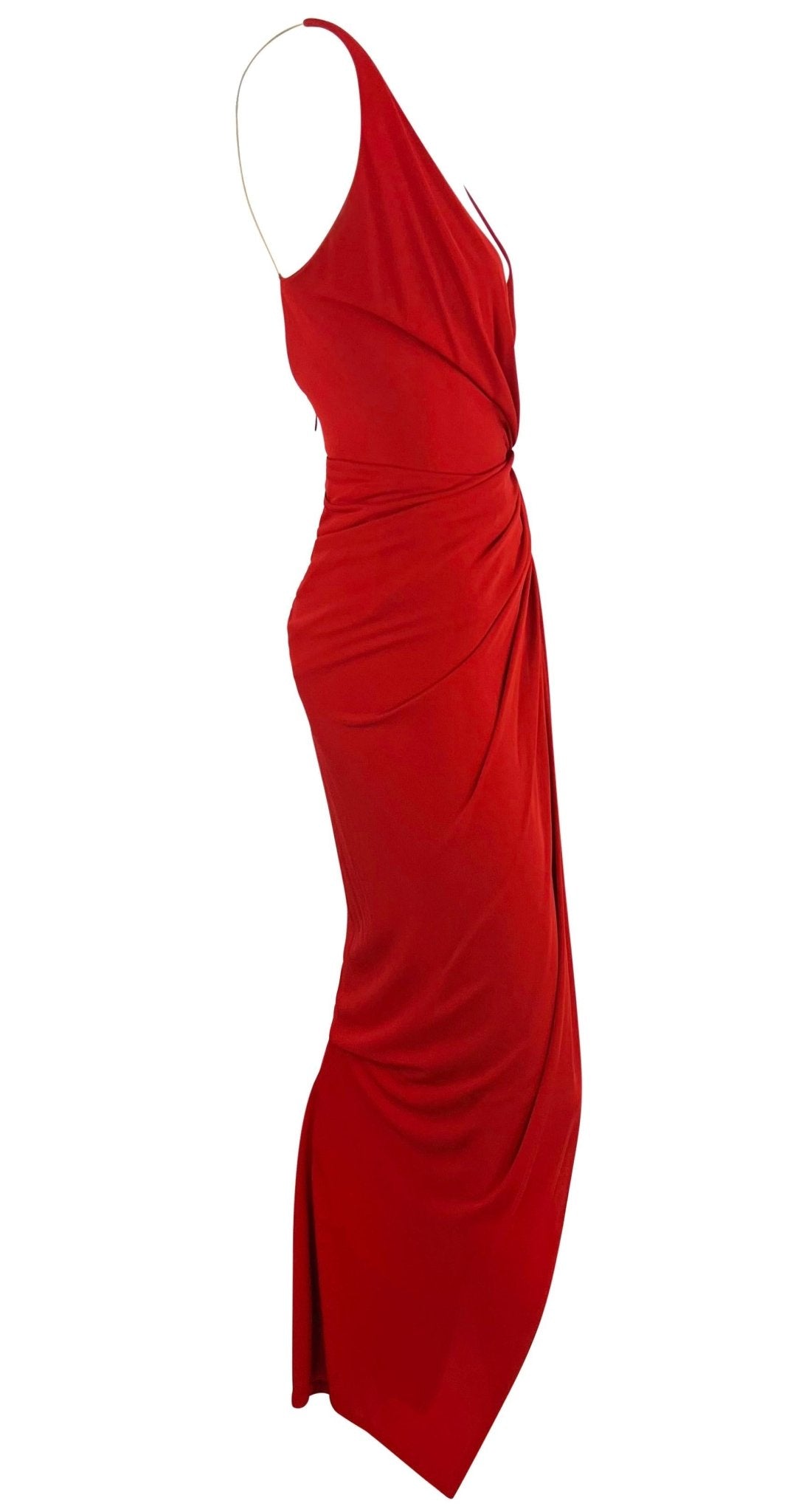2000s Randolph Duke Red Plunging Neckline High - Slit Stretch Faux - Wrap Gown - RealList