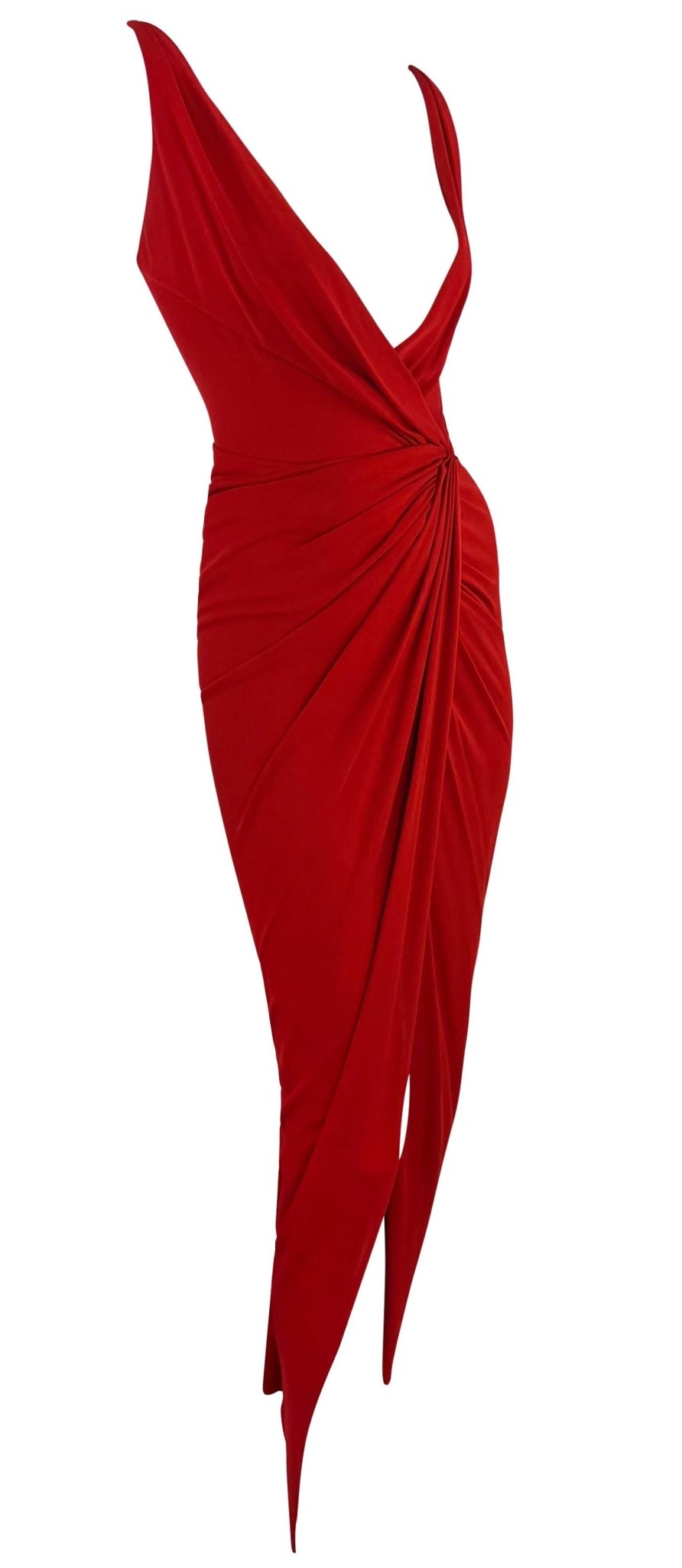 2000s Randolph Duke Red Plunging Neckline High - Slit Stretch Faux - Wrap Gown - RealList