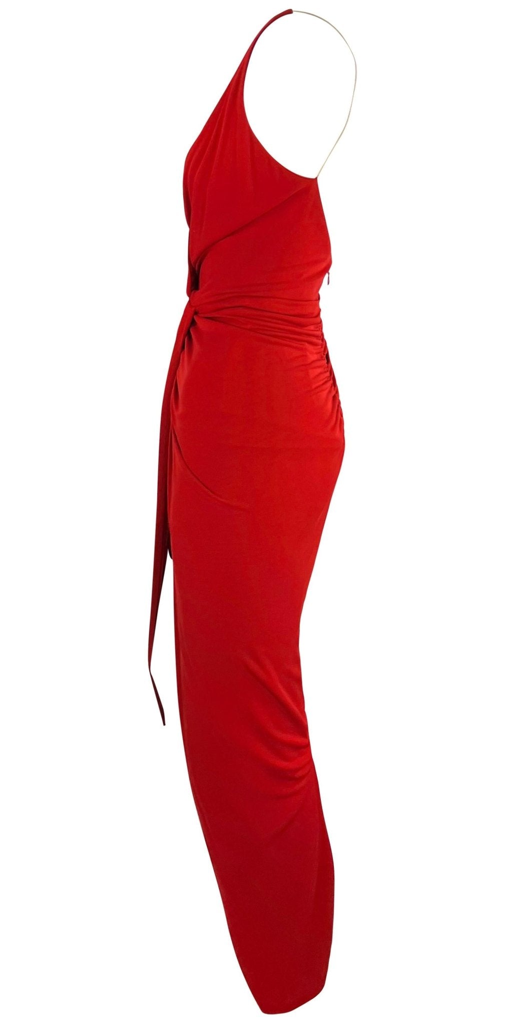 2000s Randolph Duke Red Plunging Neckline High - Slit Stretch Faux - Wrap Gown - RealList