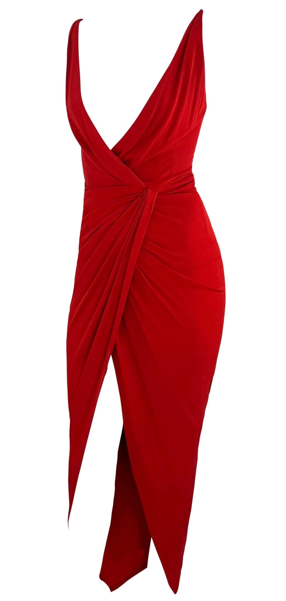 2000s Randolph Duke Red Plunging Neckline High - Slit Stretch Faux - Wrap Gown - RealList