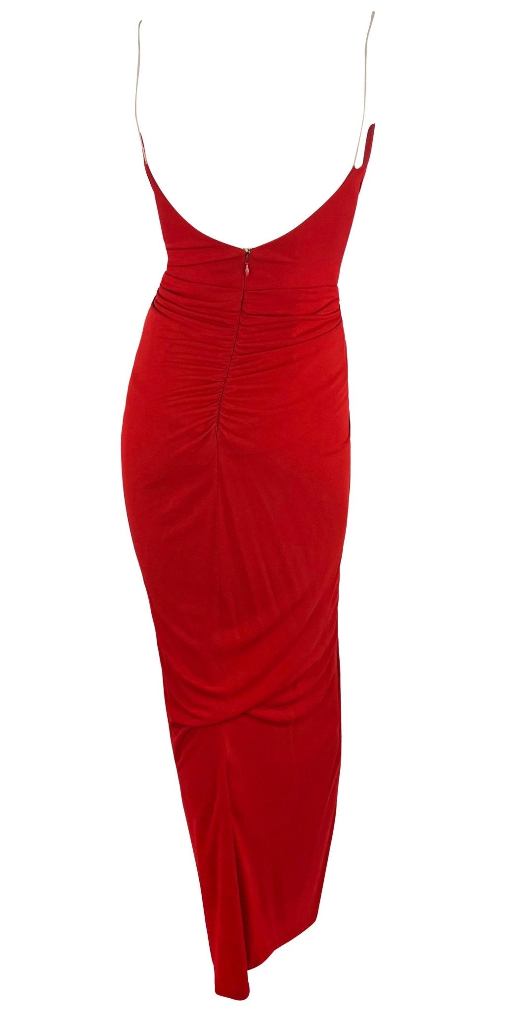 2000s Randolph Duke Red Plunging Neckline High - Slit Stretch Faux - Wrap Gown - RealList