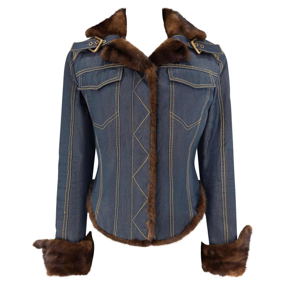 2000s Roberto Cavalli Dark Denim Genuine Mink Trim Fur Lined Jacket - RealList