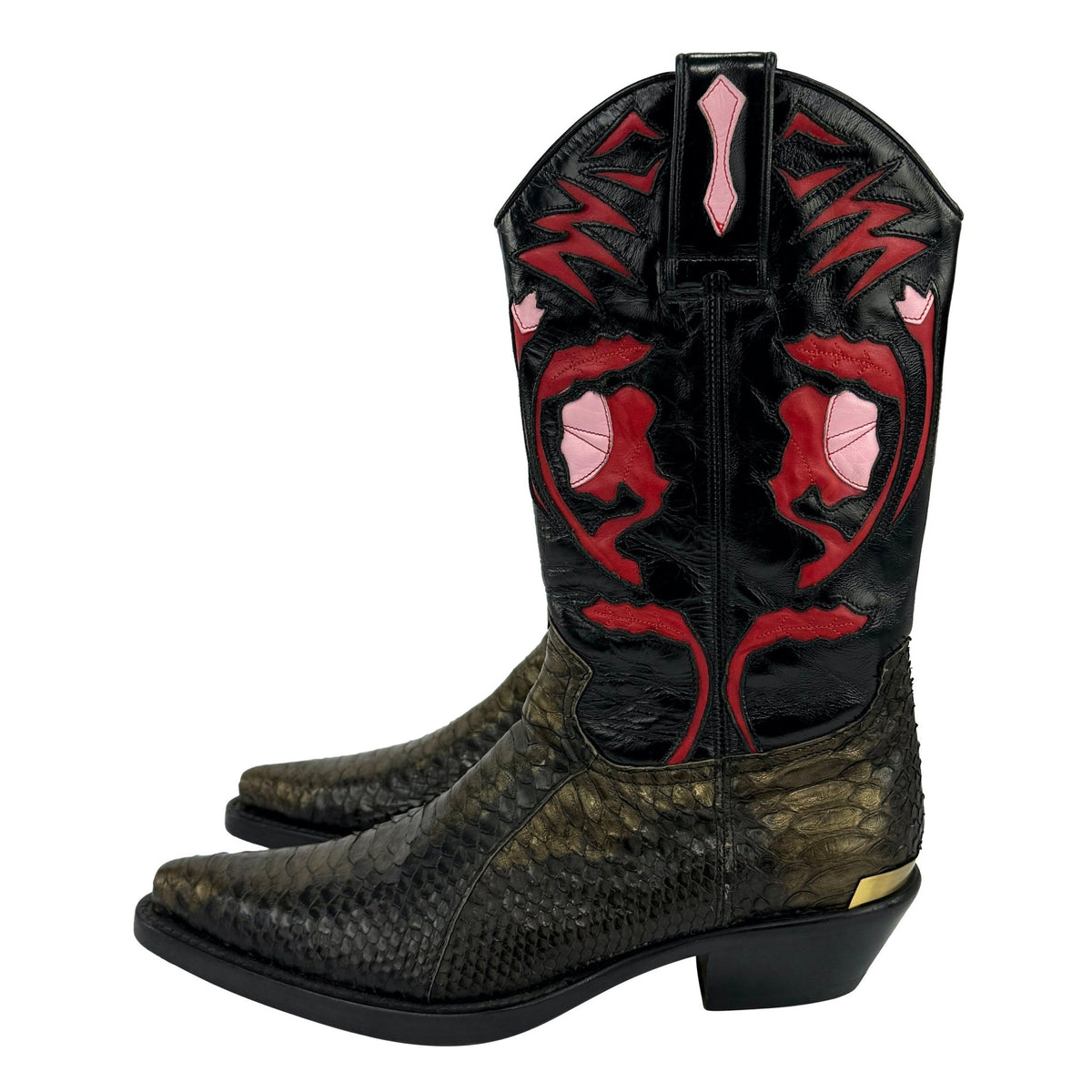 2000s Roberto Cavalli Mens Genuine Snakeskin Metallic Red Black Cowboy Boots 42 - RealList