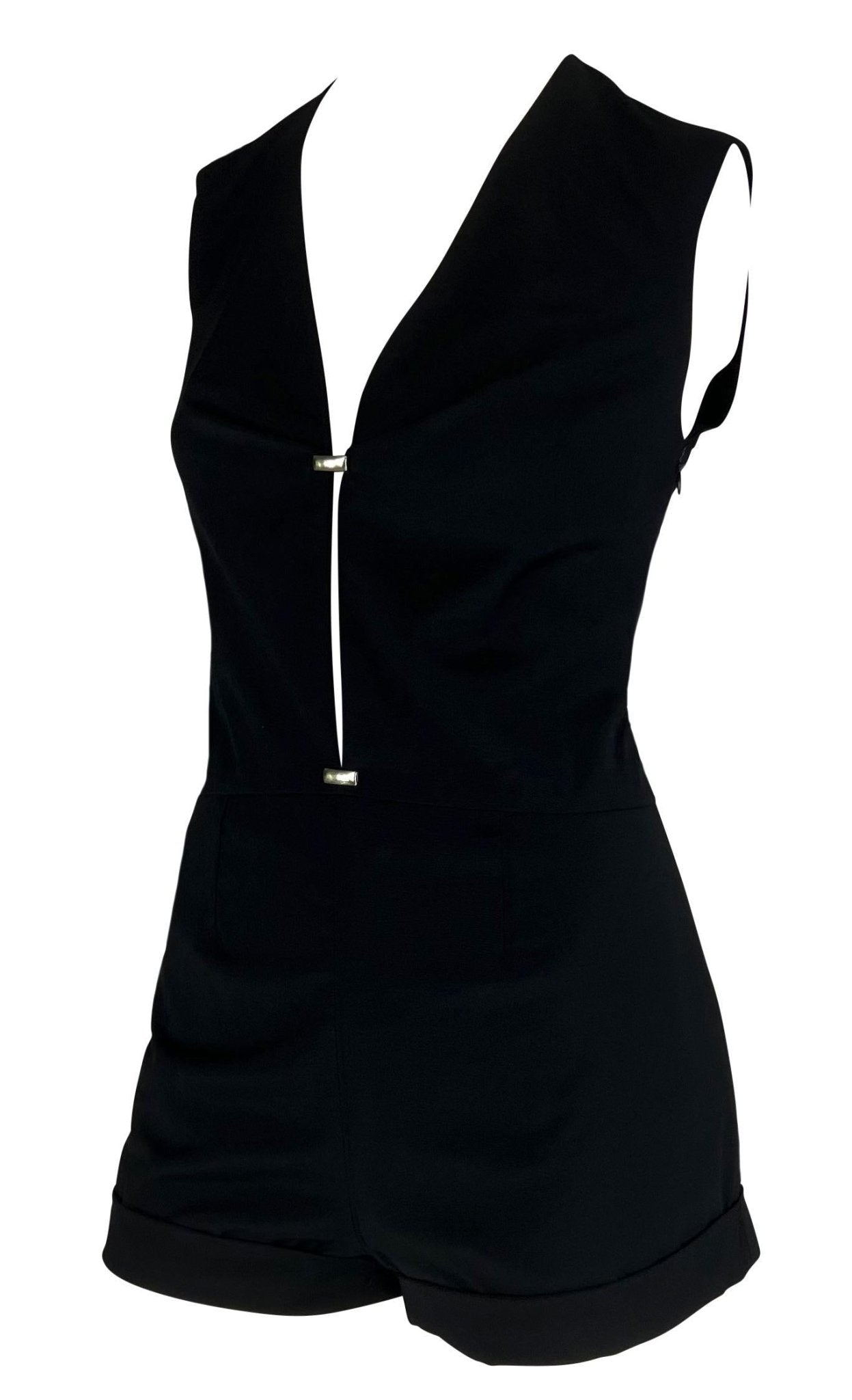 2000s Thierry Mugler Couture Black Plunging Cut Out Short Romper - RealList
