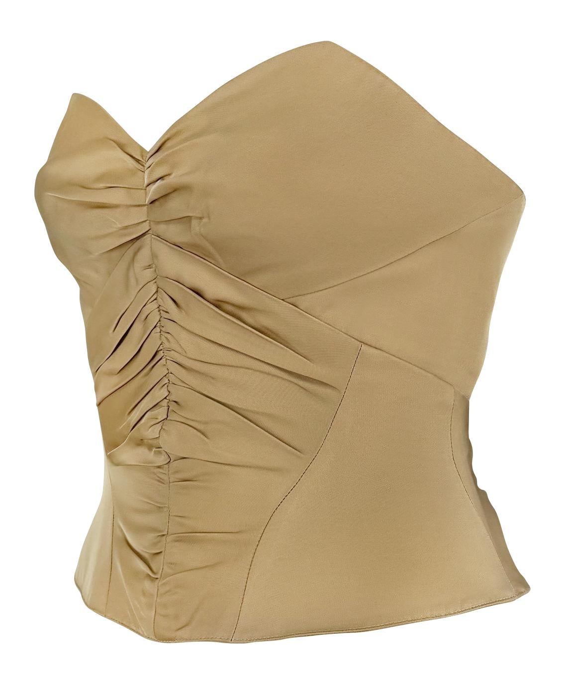 2000s Thierry Mugler Khaki Ruched Strapless Corset Boned Bustier Top - RealList