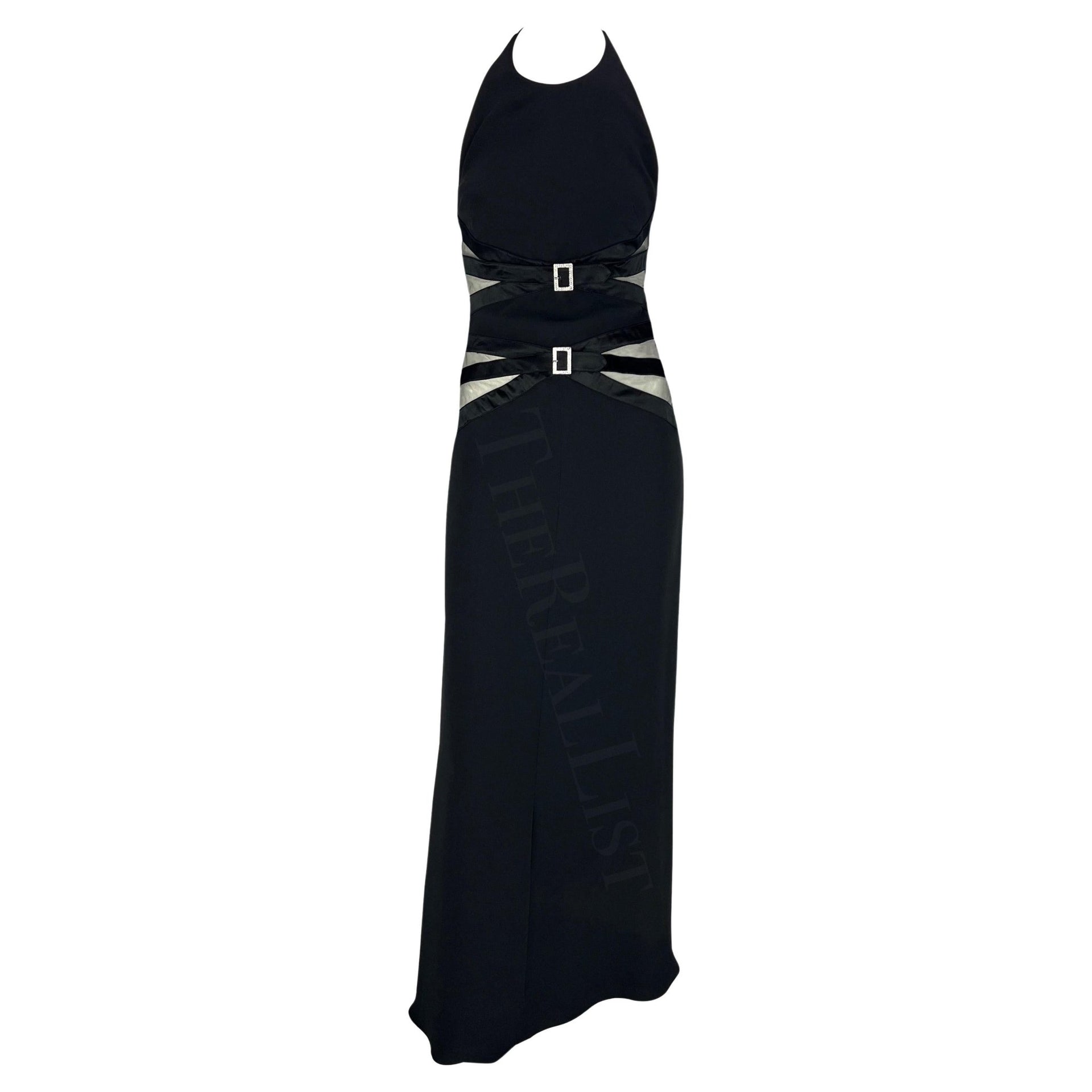 2000s Valentino Black Sheer Panel Halterneck Rhinestone Buckle Gown - RealList