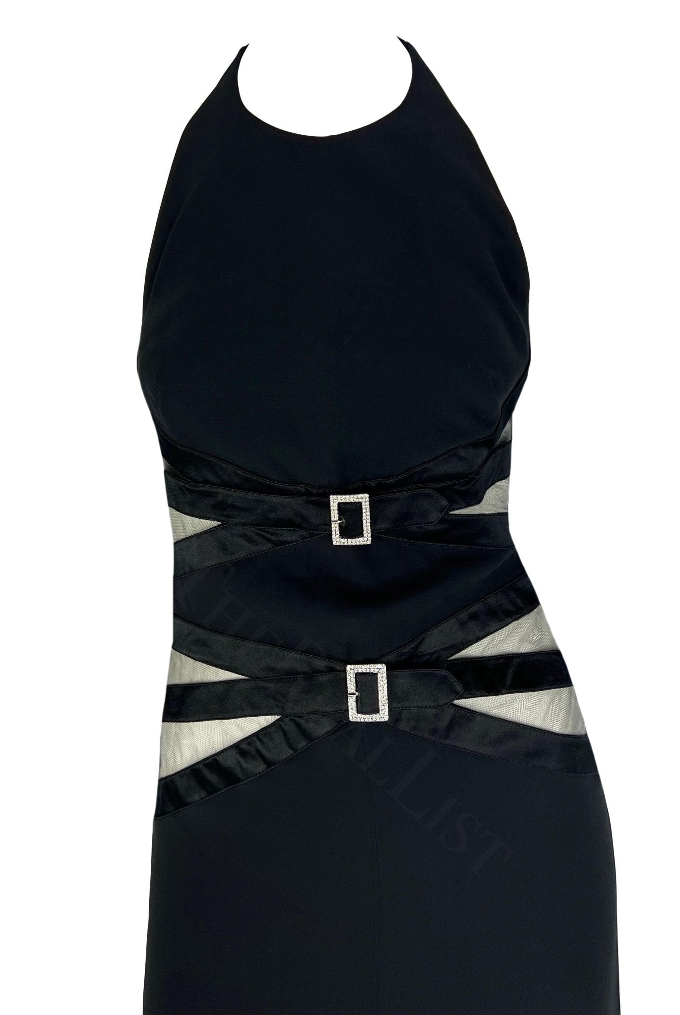 2000s Valentino Black Sheer Panel Halterneck Rhinestone Buckle Gown - RealList