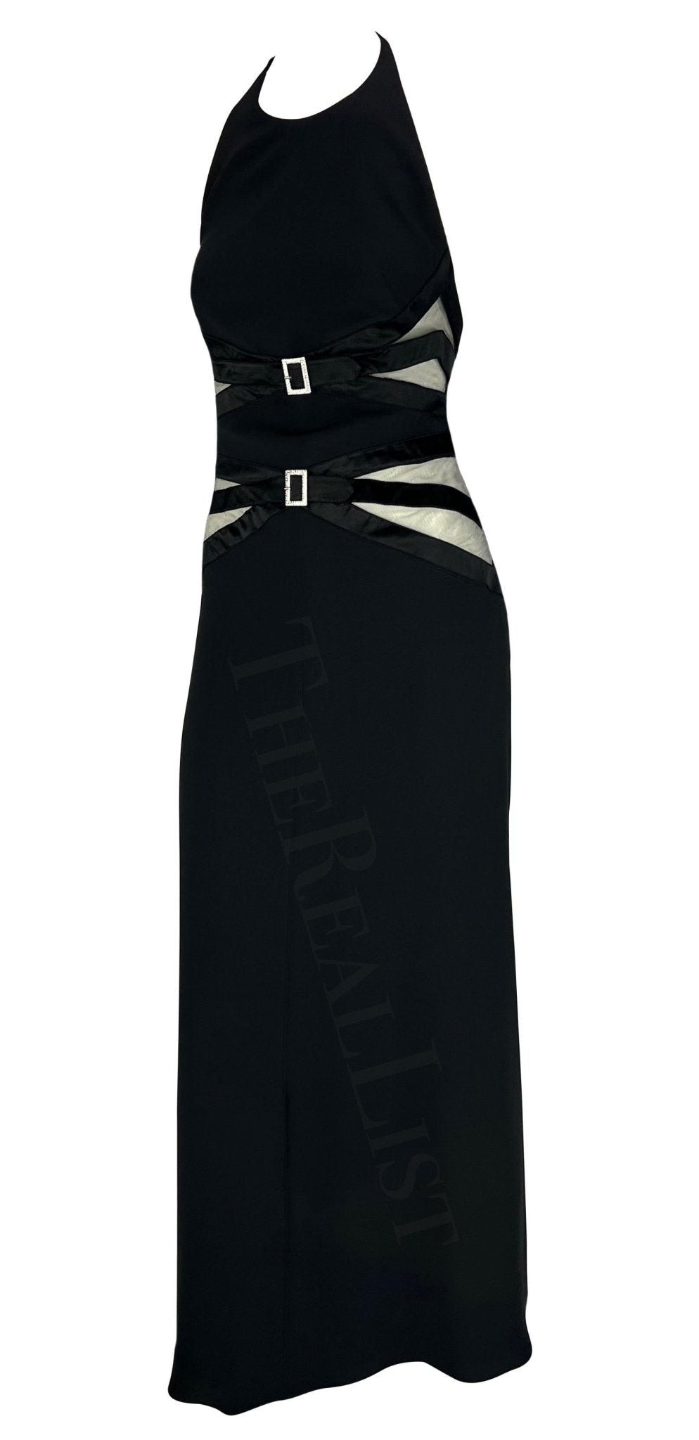 2000s Valentino Black Sheer Panel Halterneck Rhinestone Buckle Gown - RealList