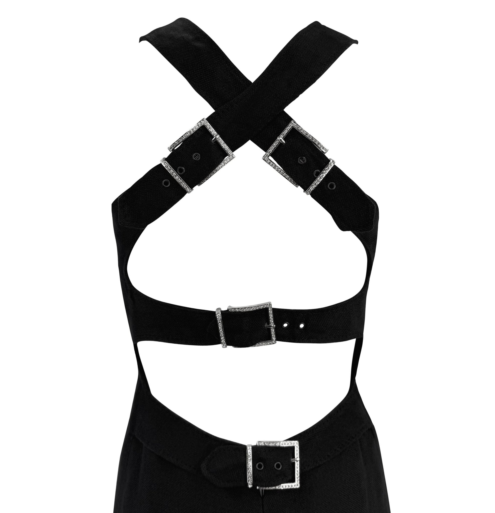 2000s Valentino Garavani Black Linen Backless Rhinestone Buckle Midi Dress - RealList