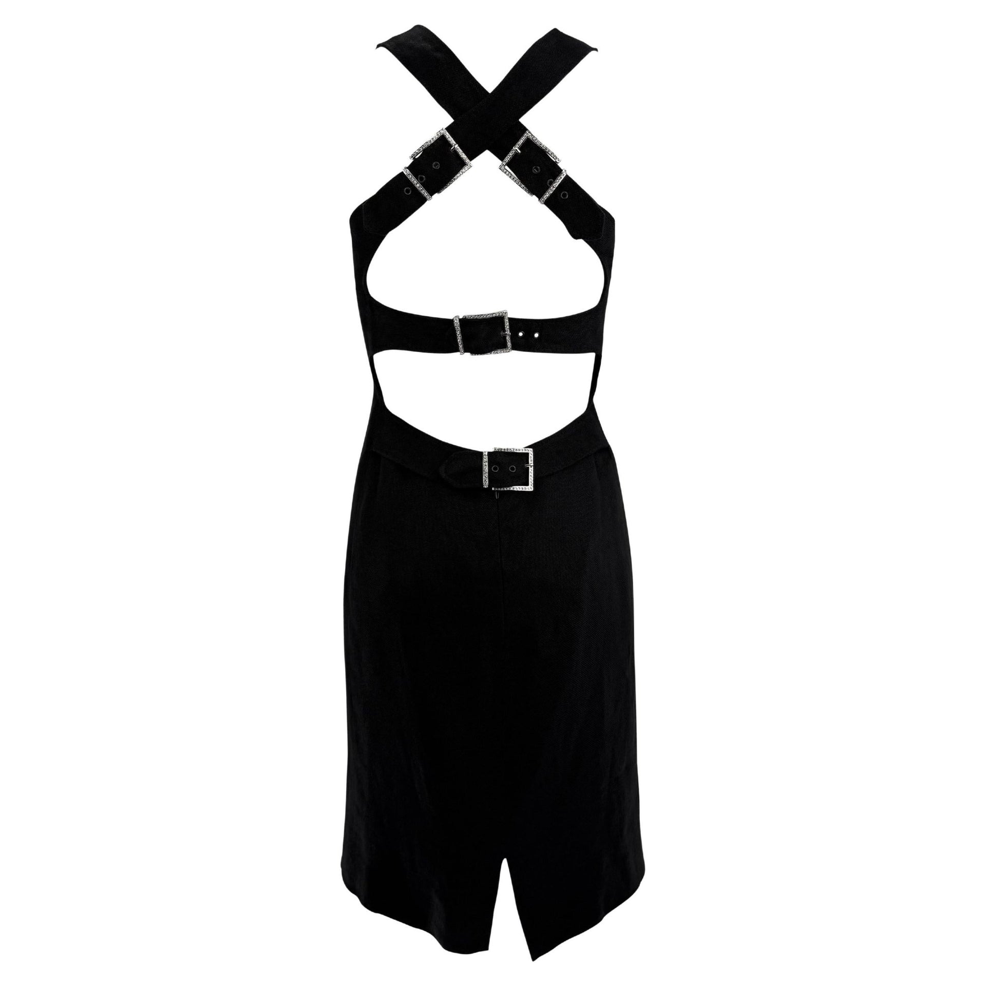 2000s Valentino Garavani Black Linen Backless Rhinestone Buckle Midi Dress - RealList