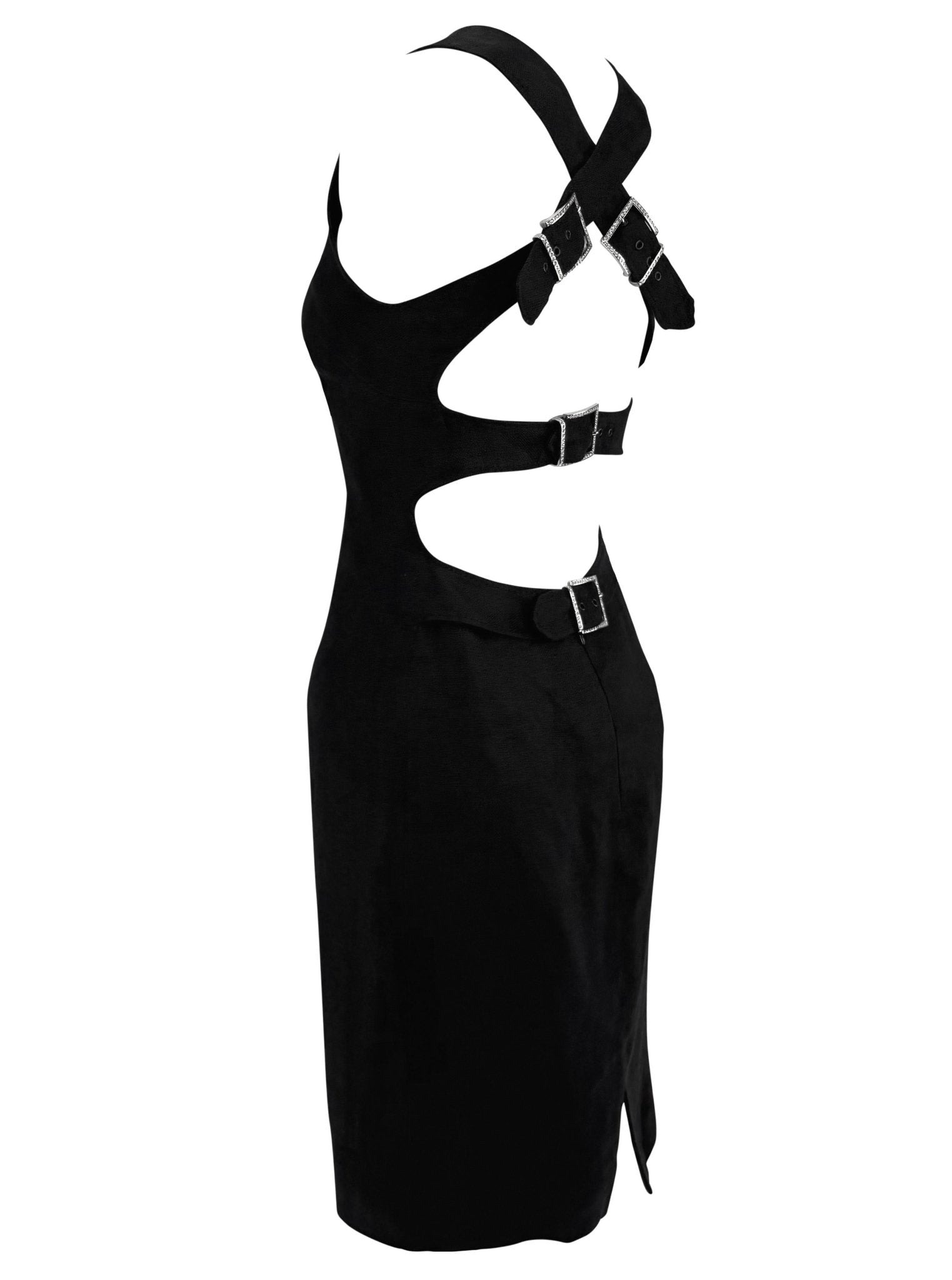 2000s Valentino Garavani Black Linen Backless Rhinestone Buckle Midi Dress - RealList