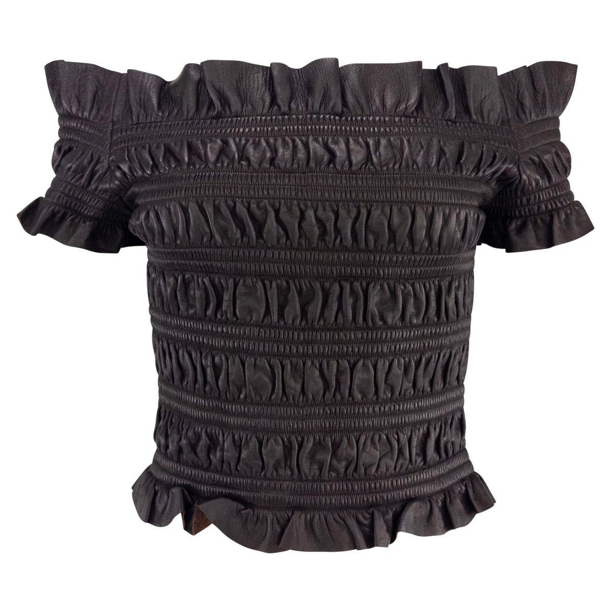 2000s Valentino Garavani Brown Lambskin Shirred Leather Off - the - Shoulder Crop Top - RealList
