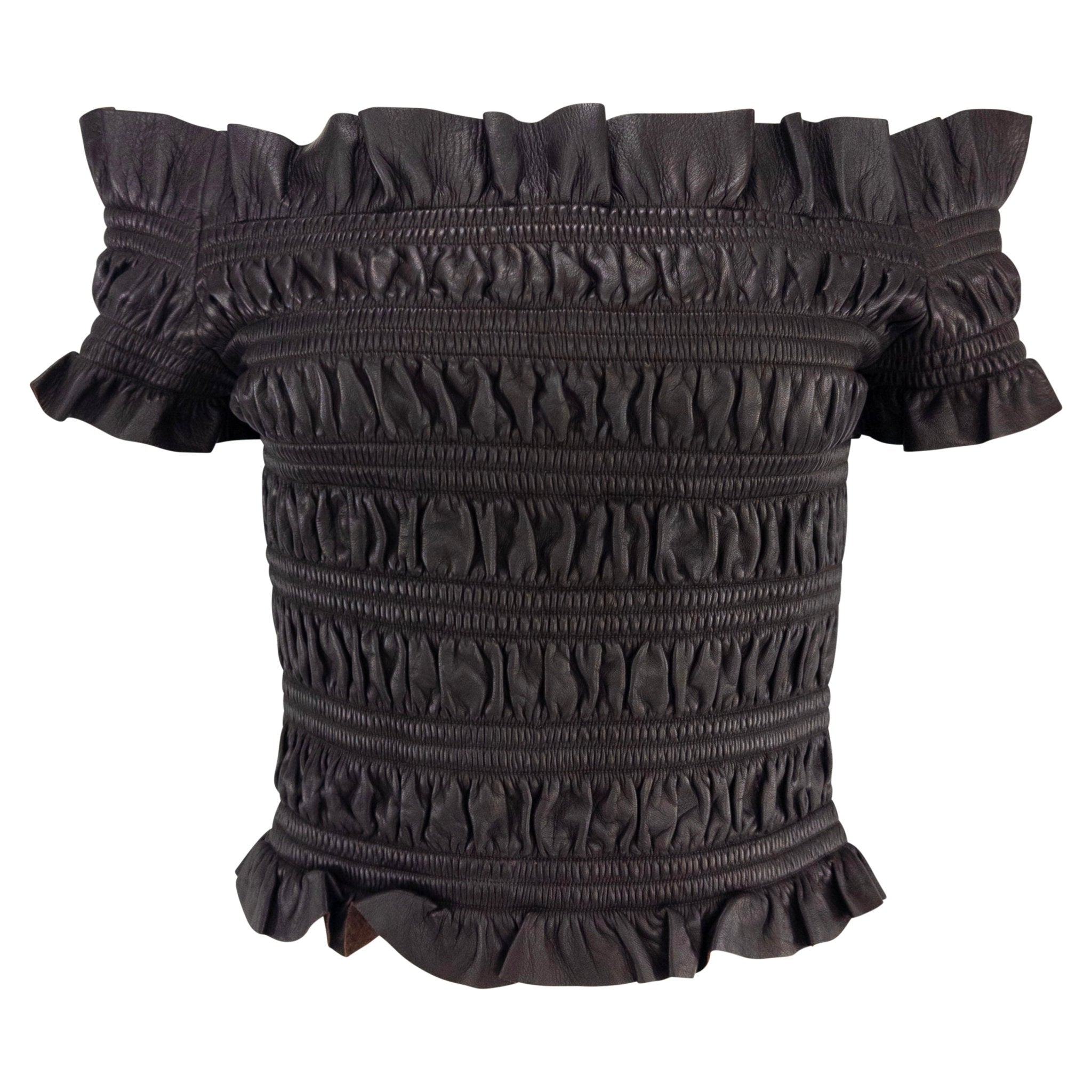 2000s Valentino Garavani Brown Lambskin Shirred Leather Off - the - Shoulder Crop Top - RealList