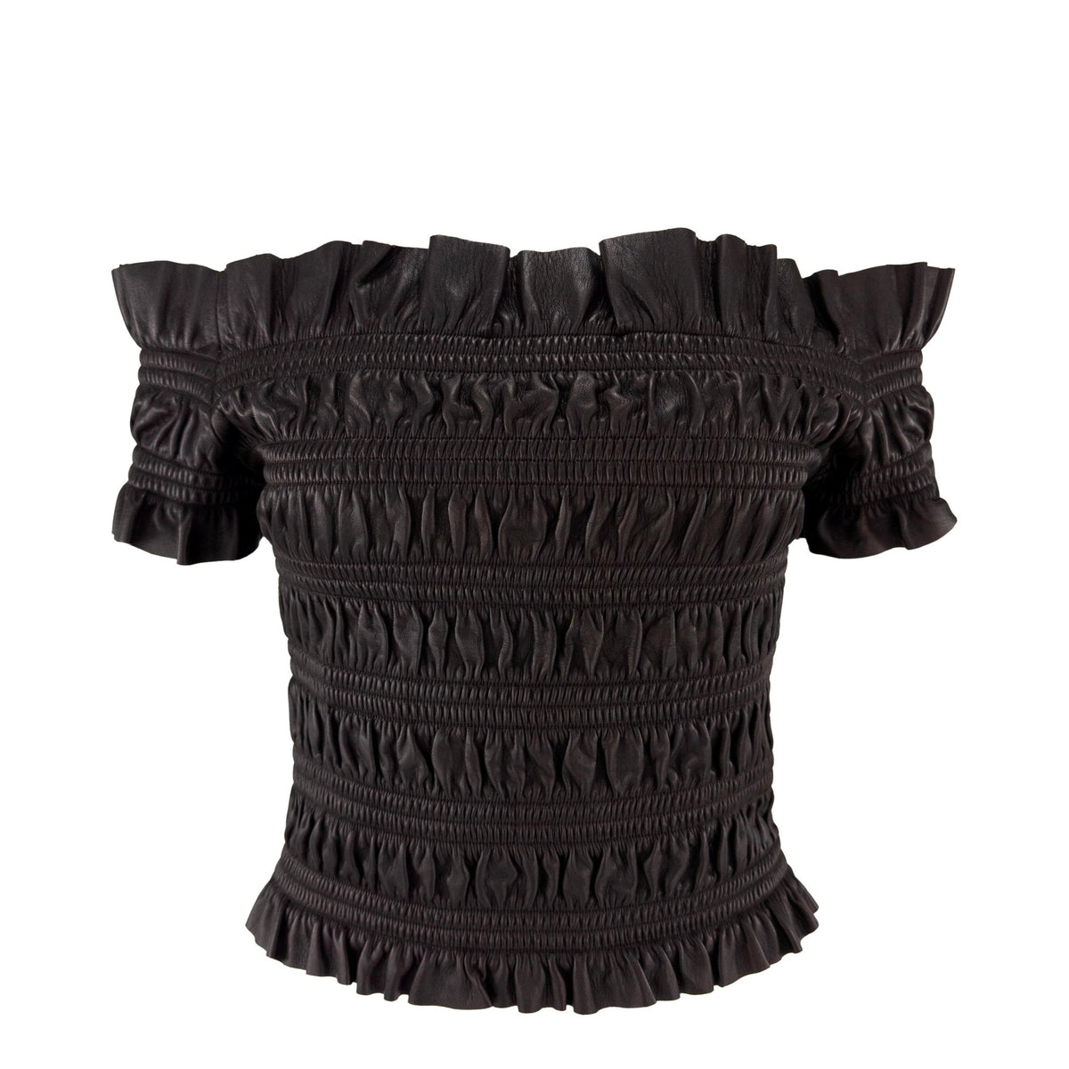 2000s Valentino Garavani Brown Lambskin Shirred Leather Off-the-Shoulder Crop Top - RealList