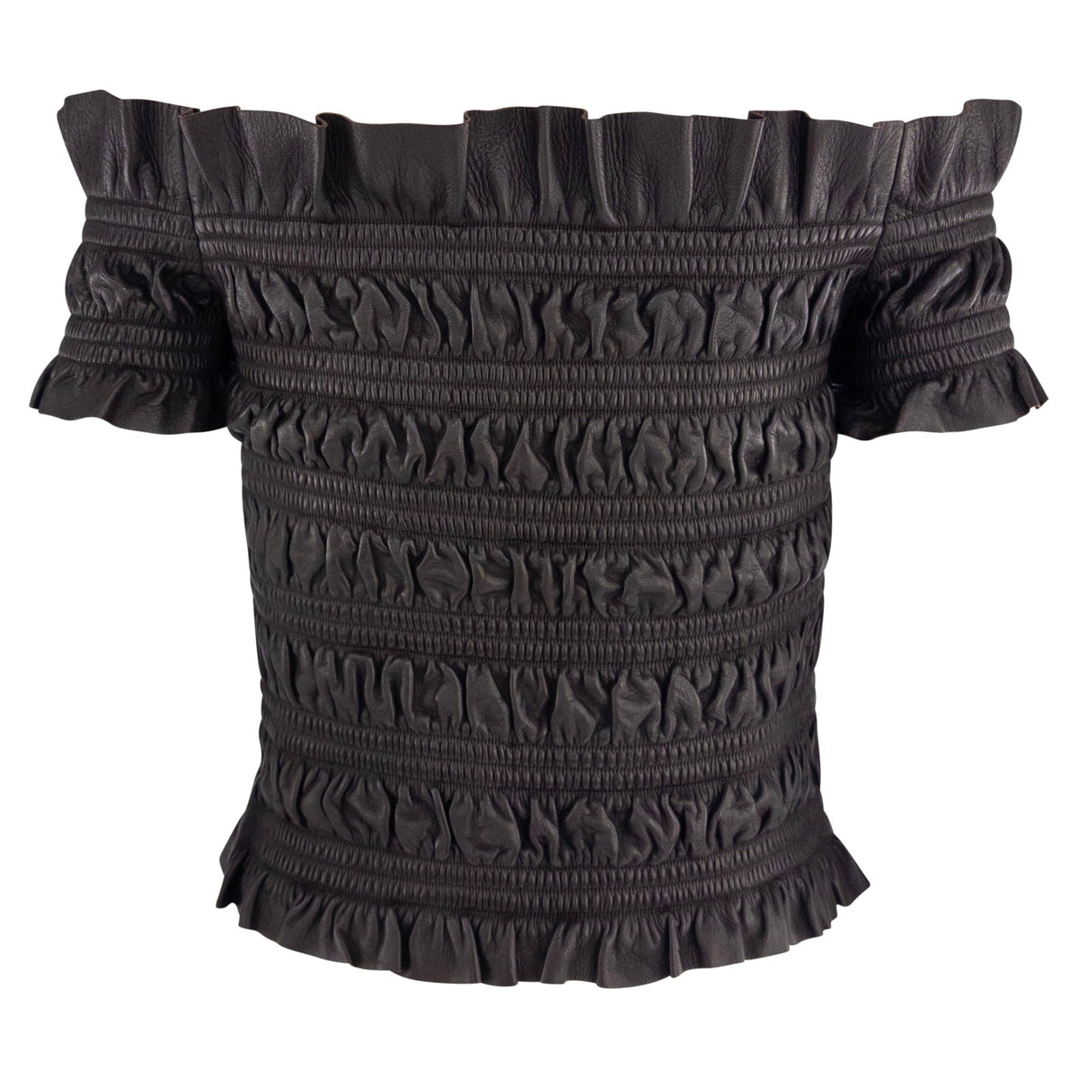 2000s Valentino Garavani Brown Lambskin Shirred Leather Off - the - Shoulder Crop Top - RealList