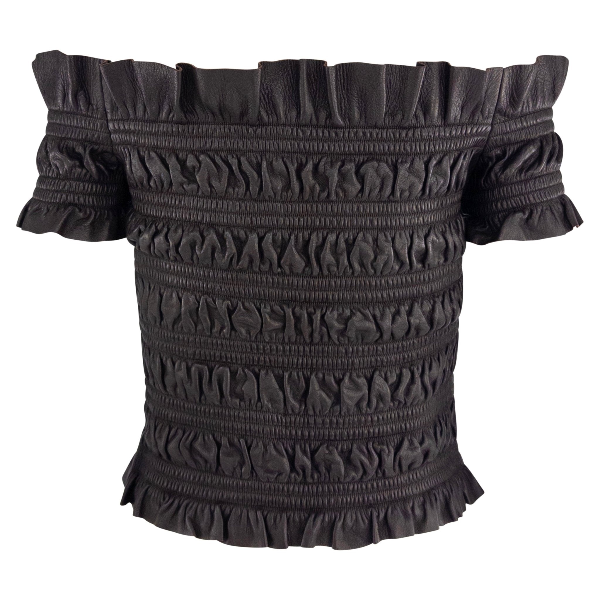 2000s Valentino Garavani Brown Lambskin Shirred Leather Off - the - Shoulder Crop Top - RealList