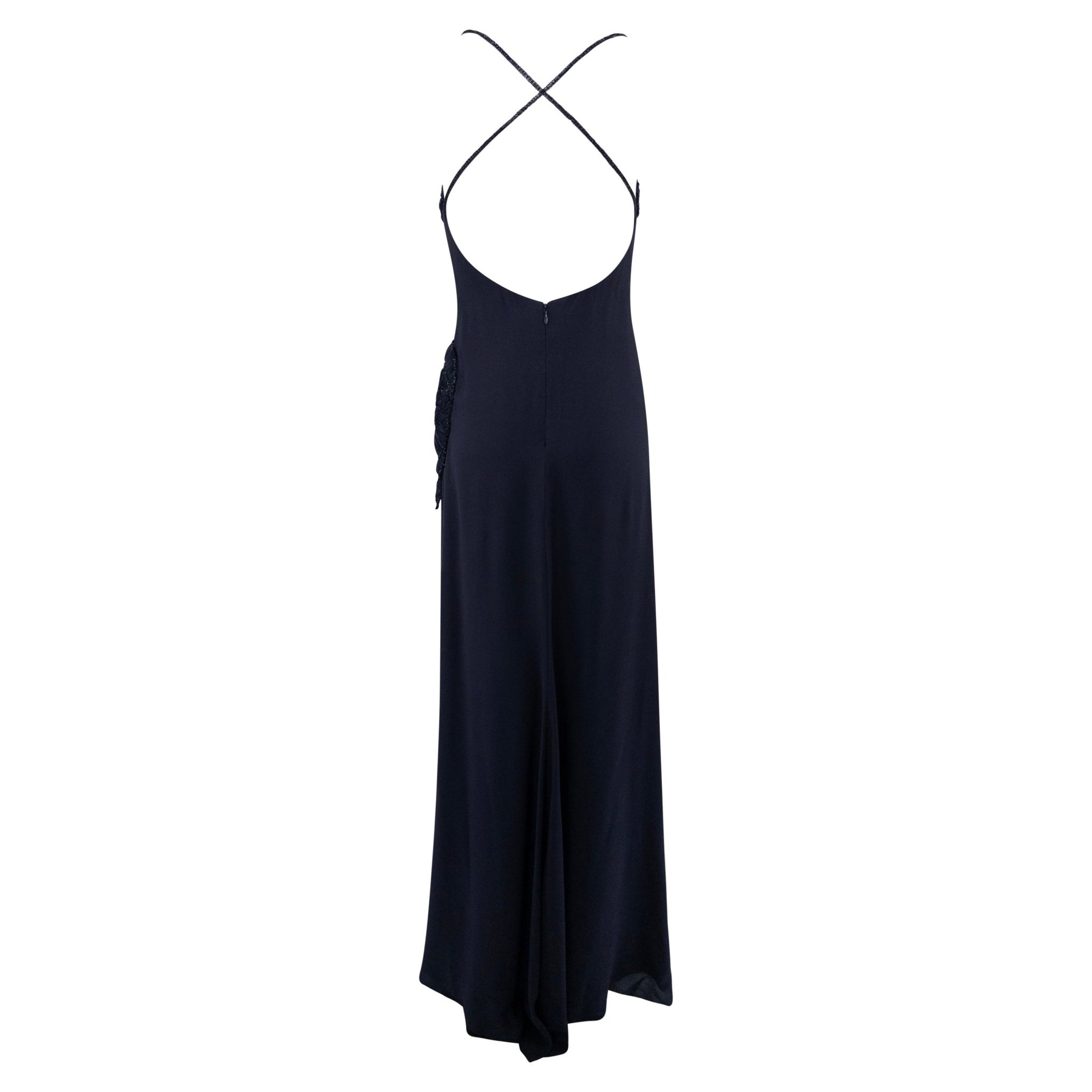 2000s Valentino Garavani Navy Silk Floral Pleat Beaded Backless Gown - RealList