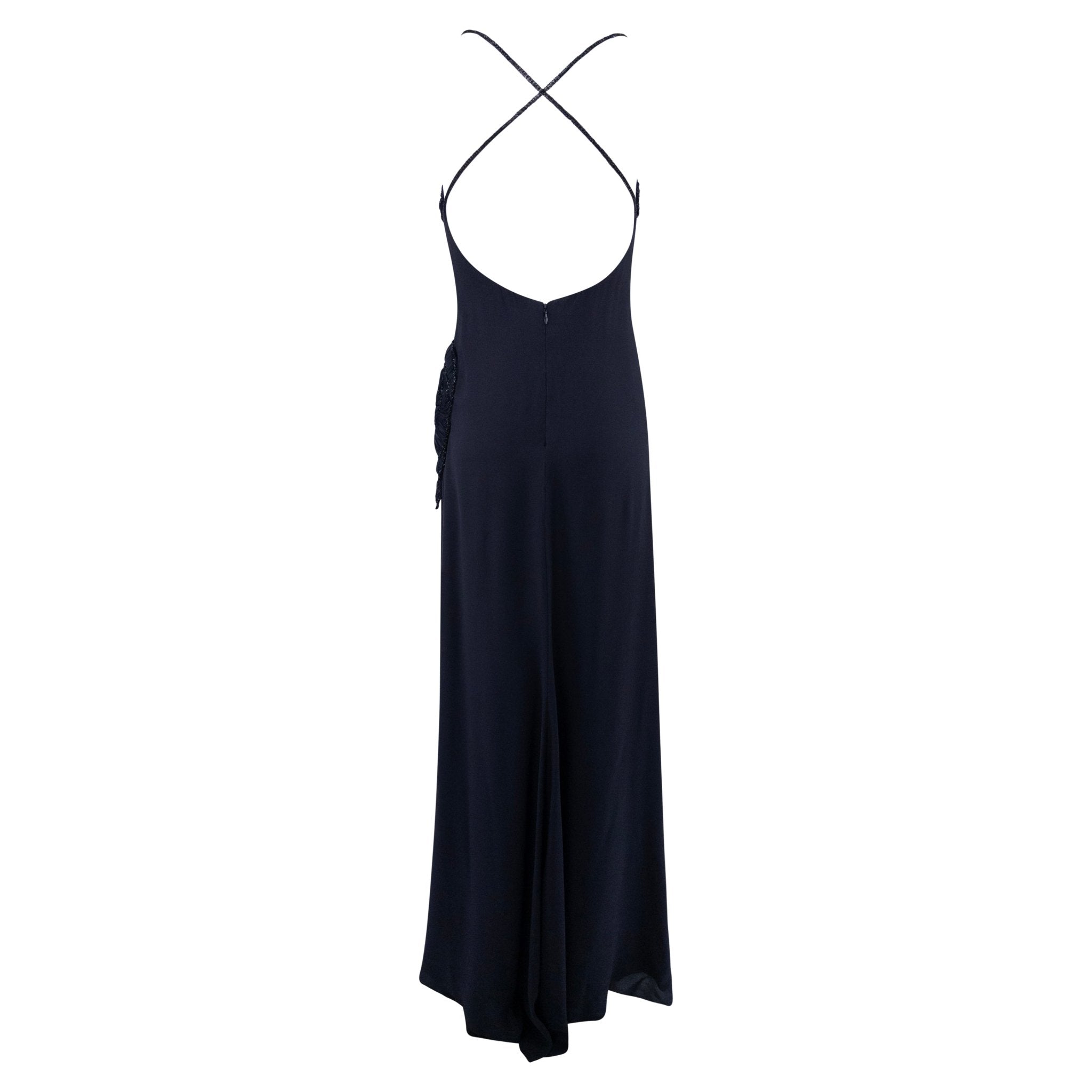 2000s Valentino Garavani Navy Silk Floral Pleat Beaded Backless Gown - RealList