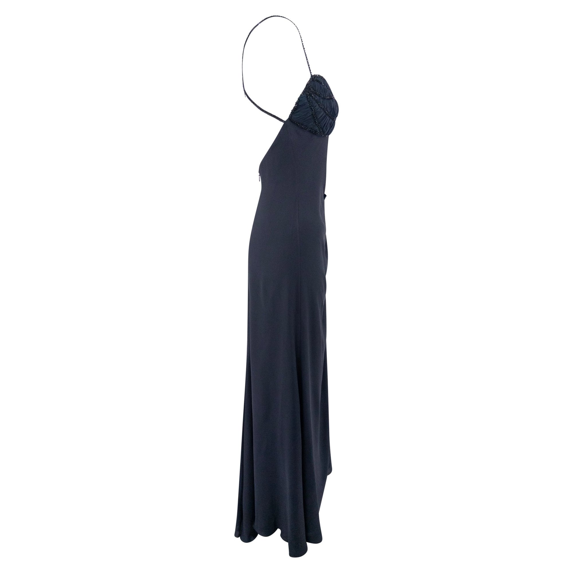 2000s Valentino Garavani Navy Silk Floral Pleat Beaded Backless Gown - RealList