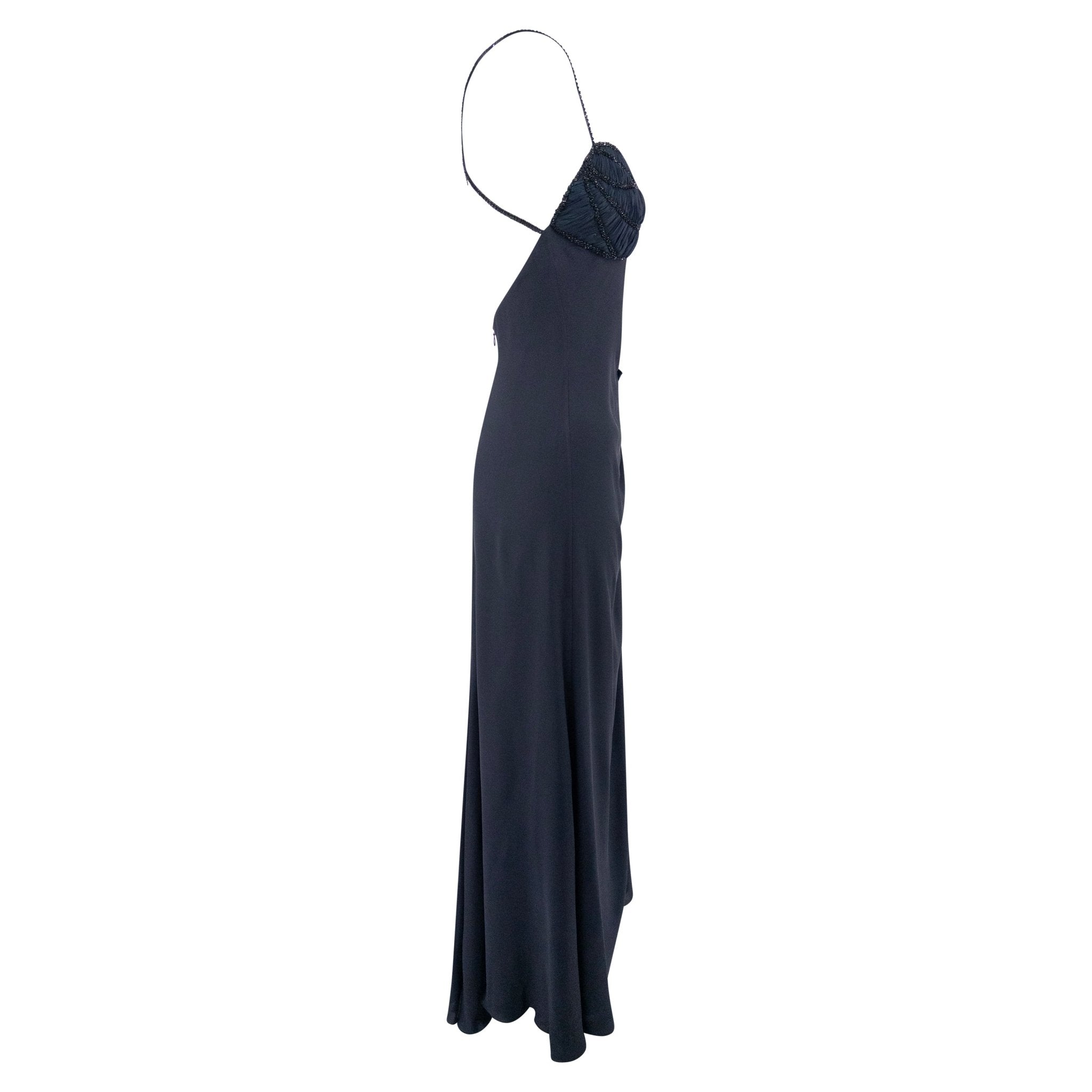 2000s Valentino Garavani Navy Silk Floral Pleat Beaded Backless Gown - RealList