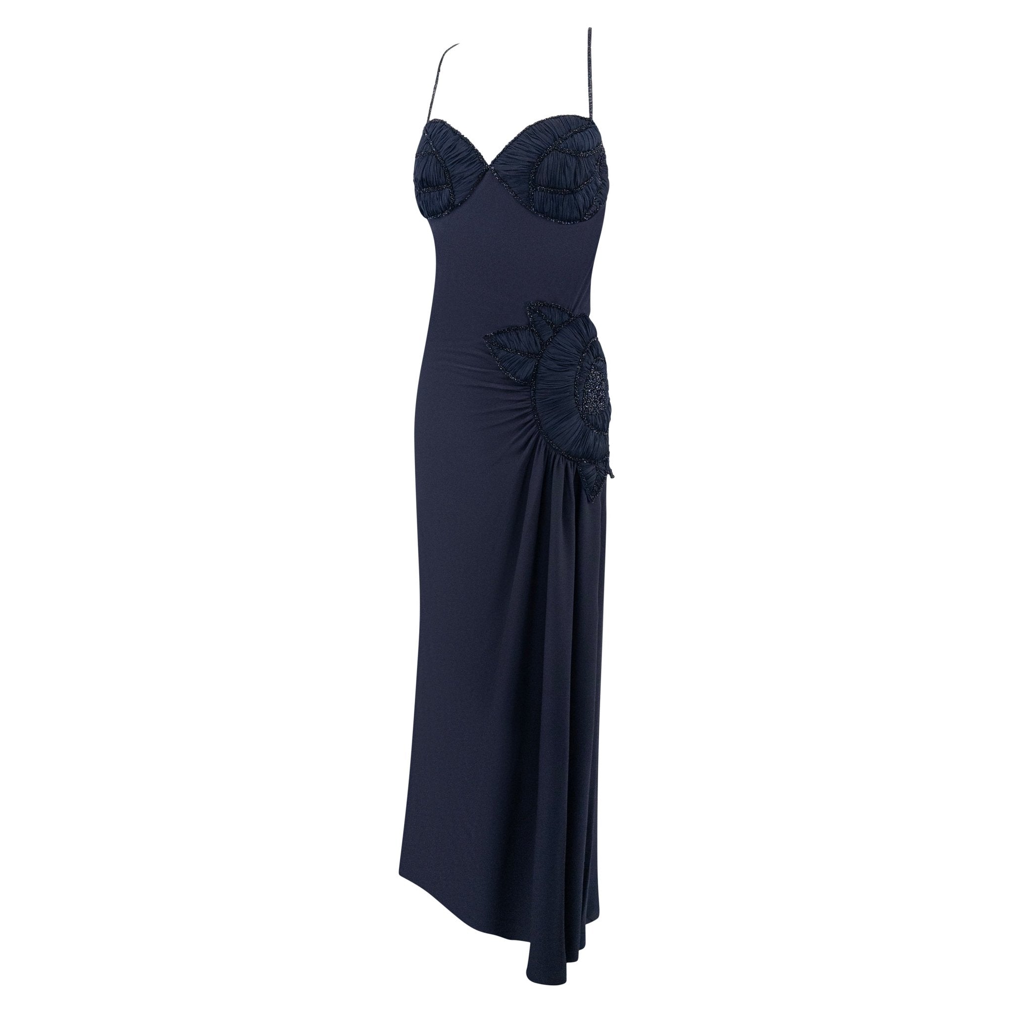 2000s Valentino Garavani Navy Silk Floral Pleat Beaded Backless Gown - RealList