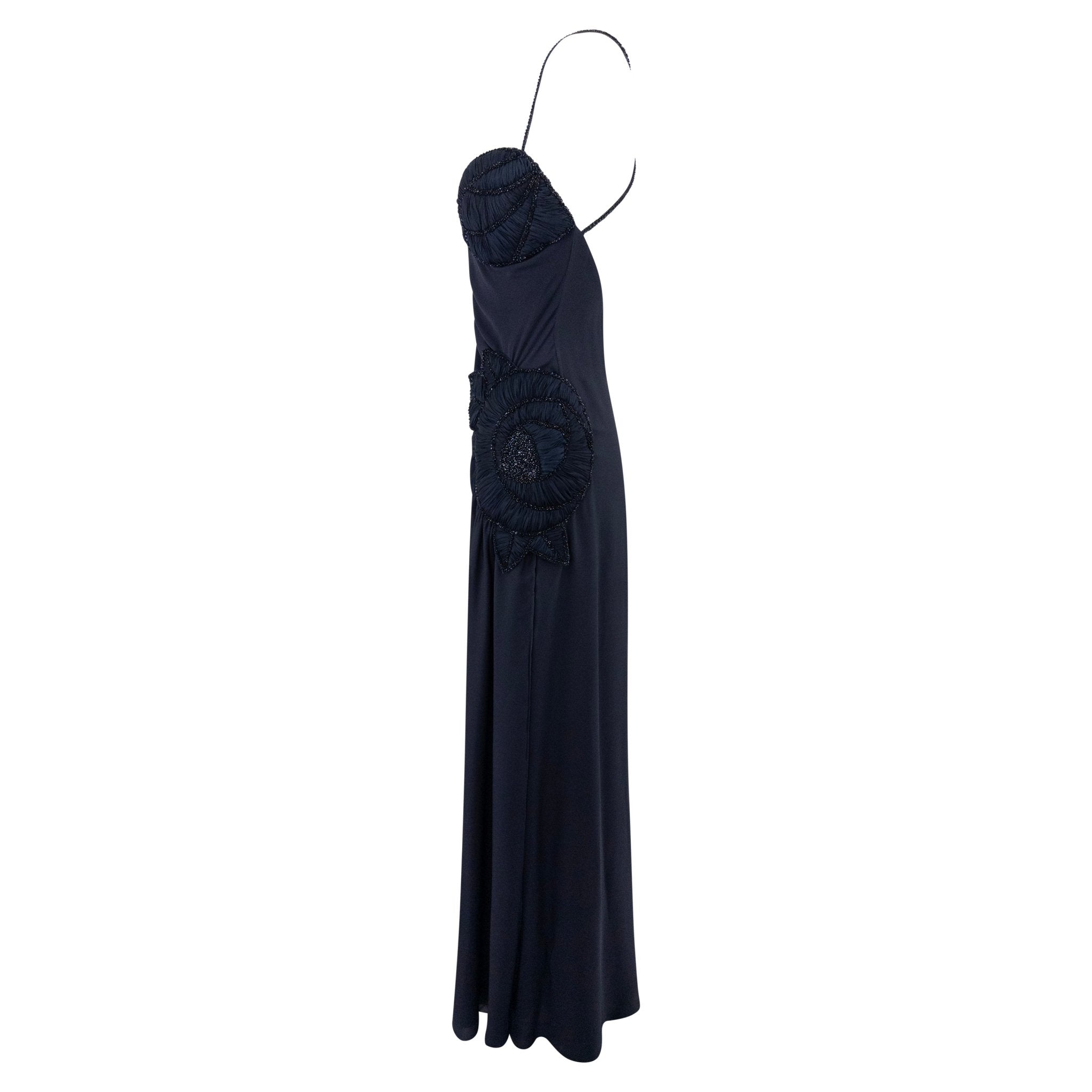 2000s Valentino Garavani Navy Silk Floral Pleat Beaded Backless Gown - RealList