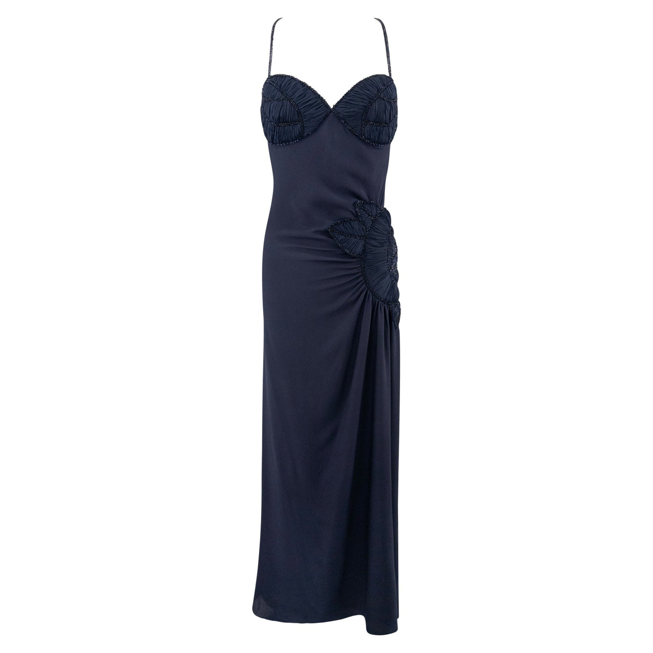 2000s Valentino Garavani Navy Silk Floral Pleat Beaded Backless Gown - RealList