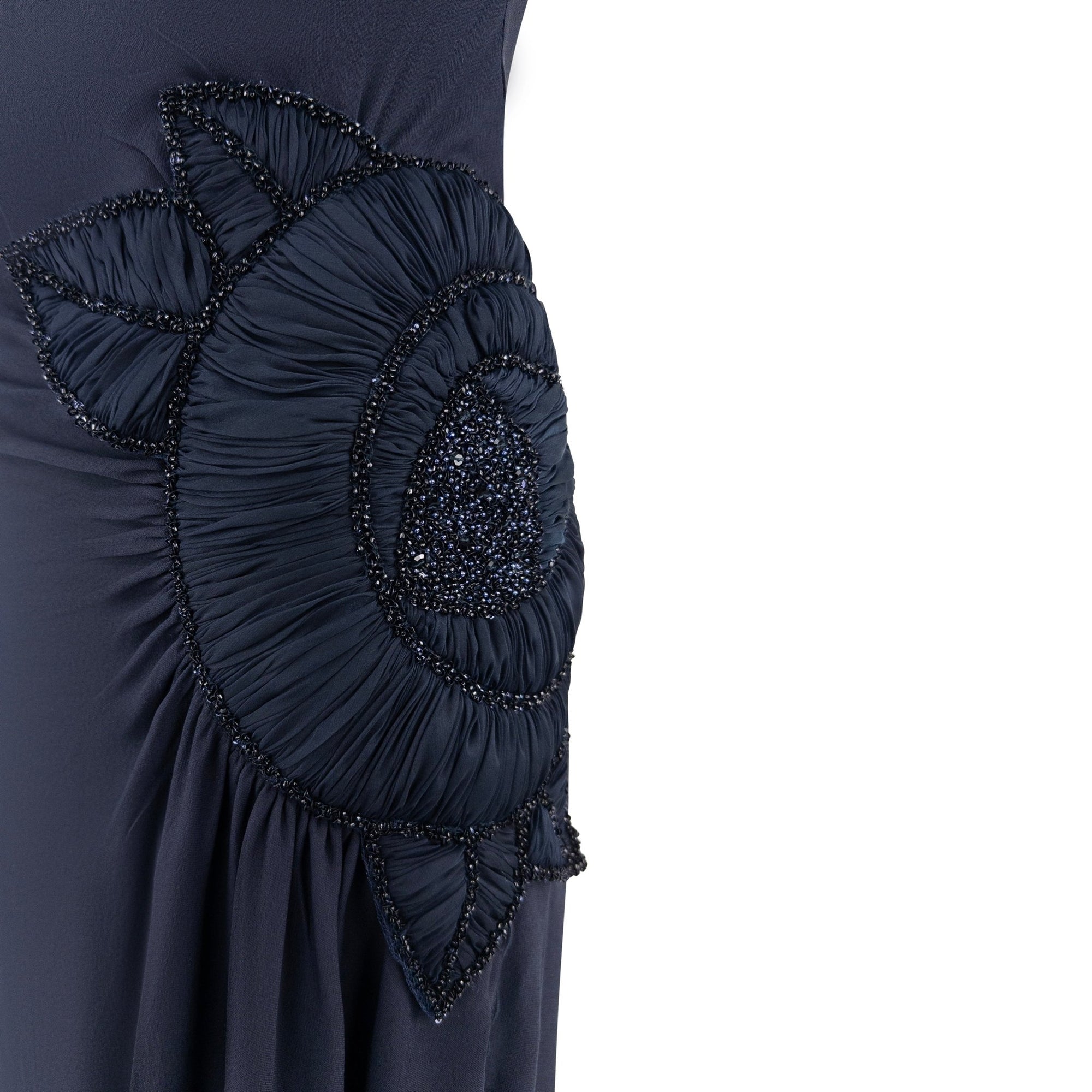 2000s Valentino Garavani Navy Silk Floral Pleat Beaded Backless Gown - RealList