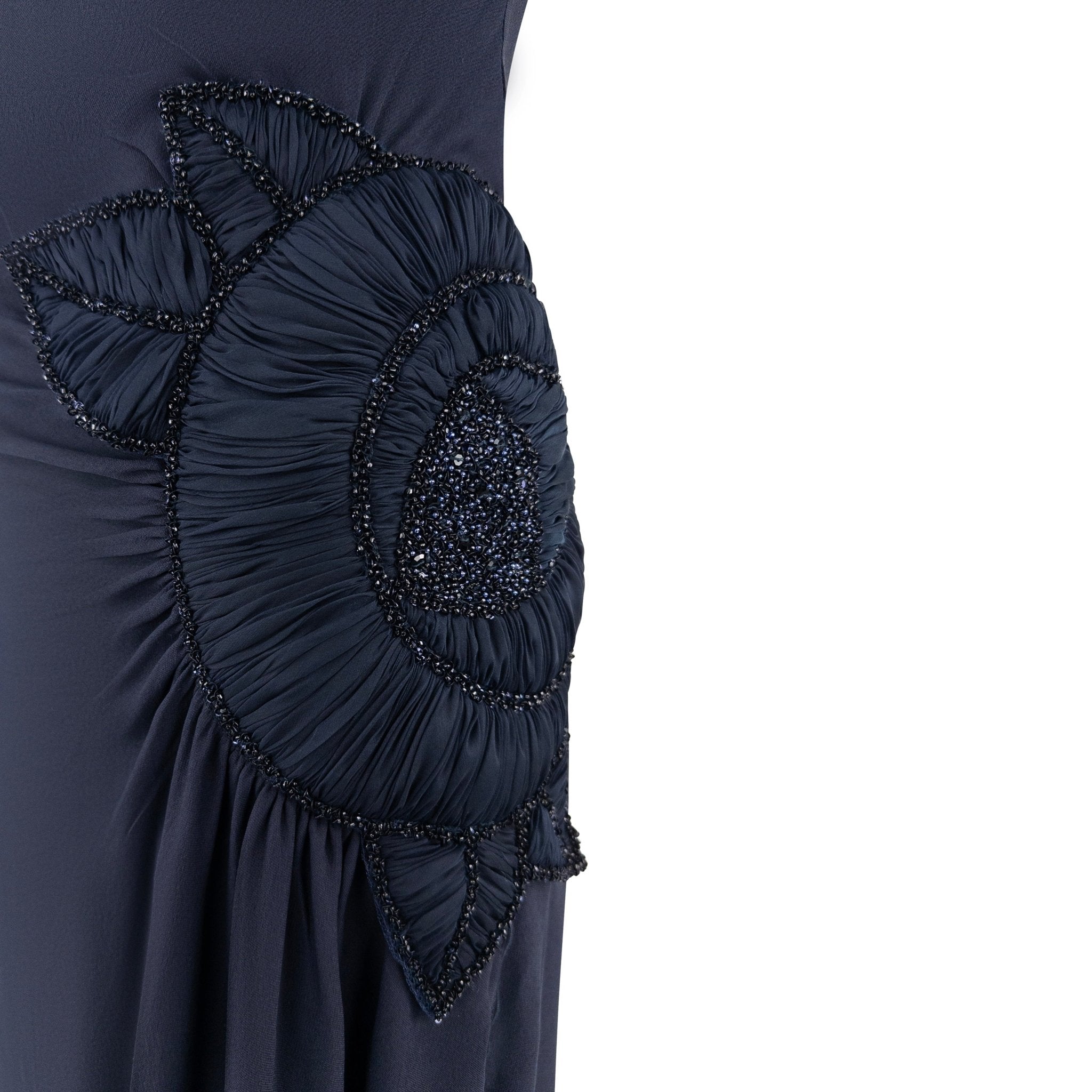 2000s Valentino Garavani Navy Silk Floral Pleat Beaded Backless Gown - RealList