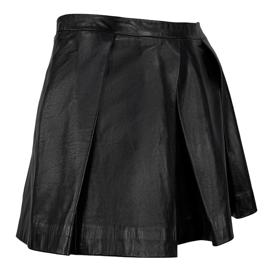 2000s Valentino Garavani Pleated Black Leather Flare Mini Skirt - RealList