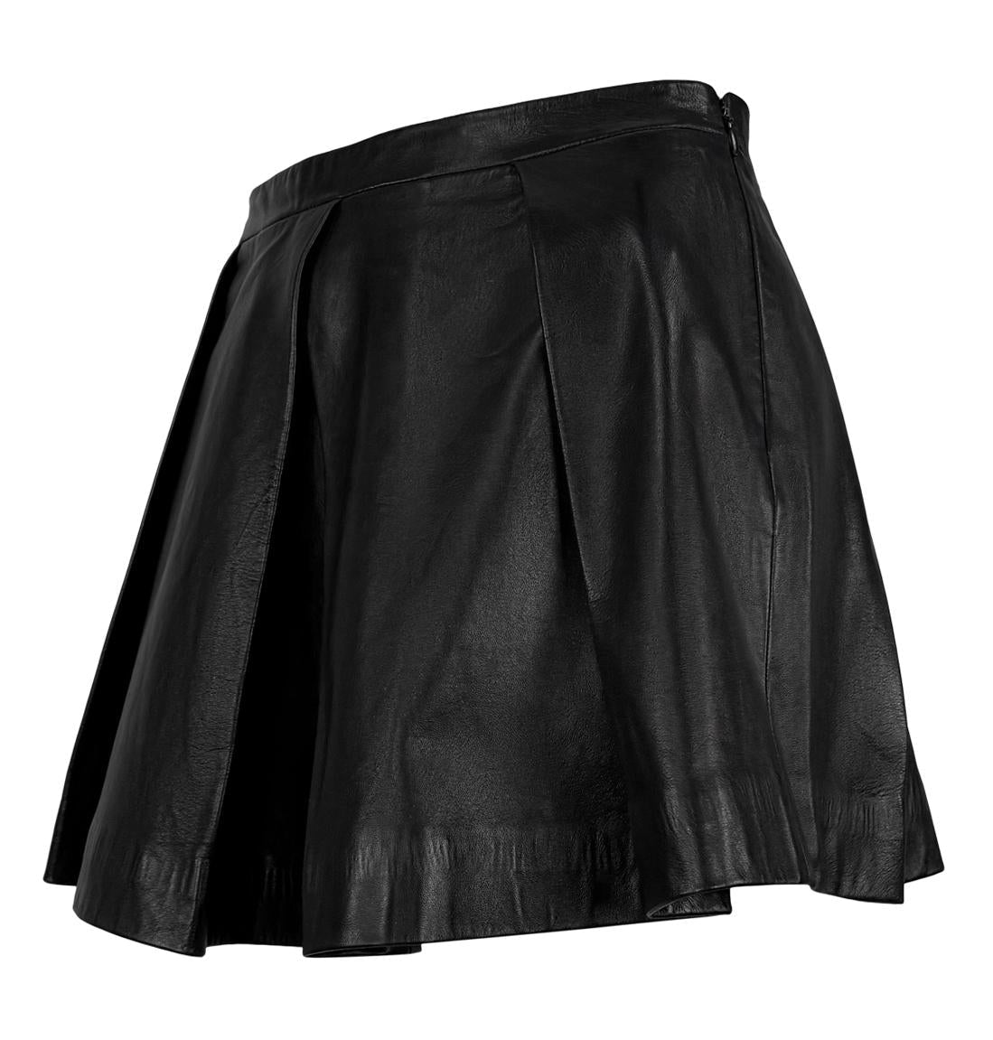2000s Valentino Garavani Pleated Black Leather Flare Mini Skirt - RealList