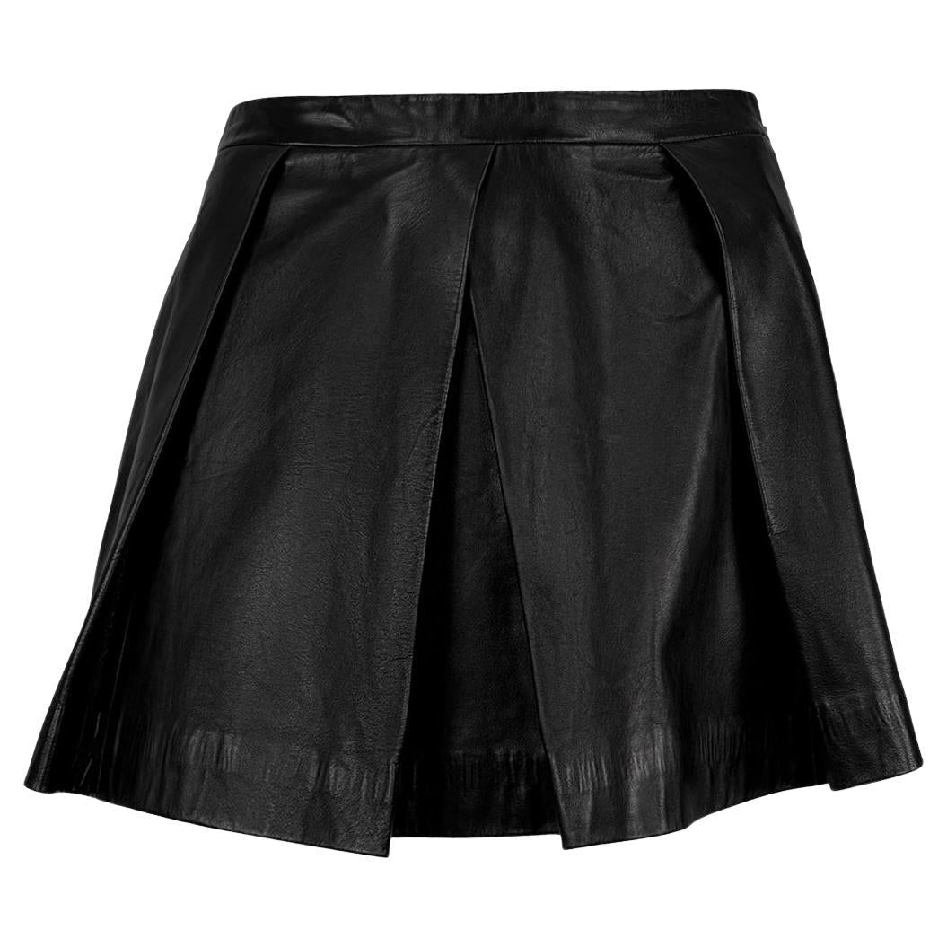 2000s Valentino Garavani Pleated Black Leather Flare Mini Skirt - RealList