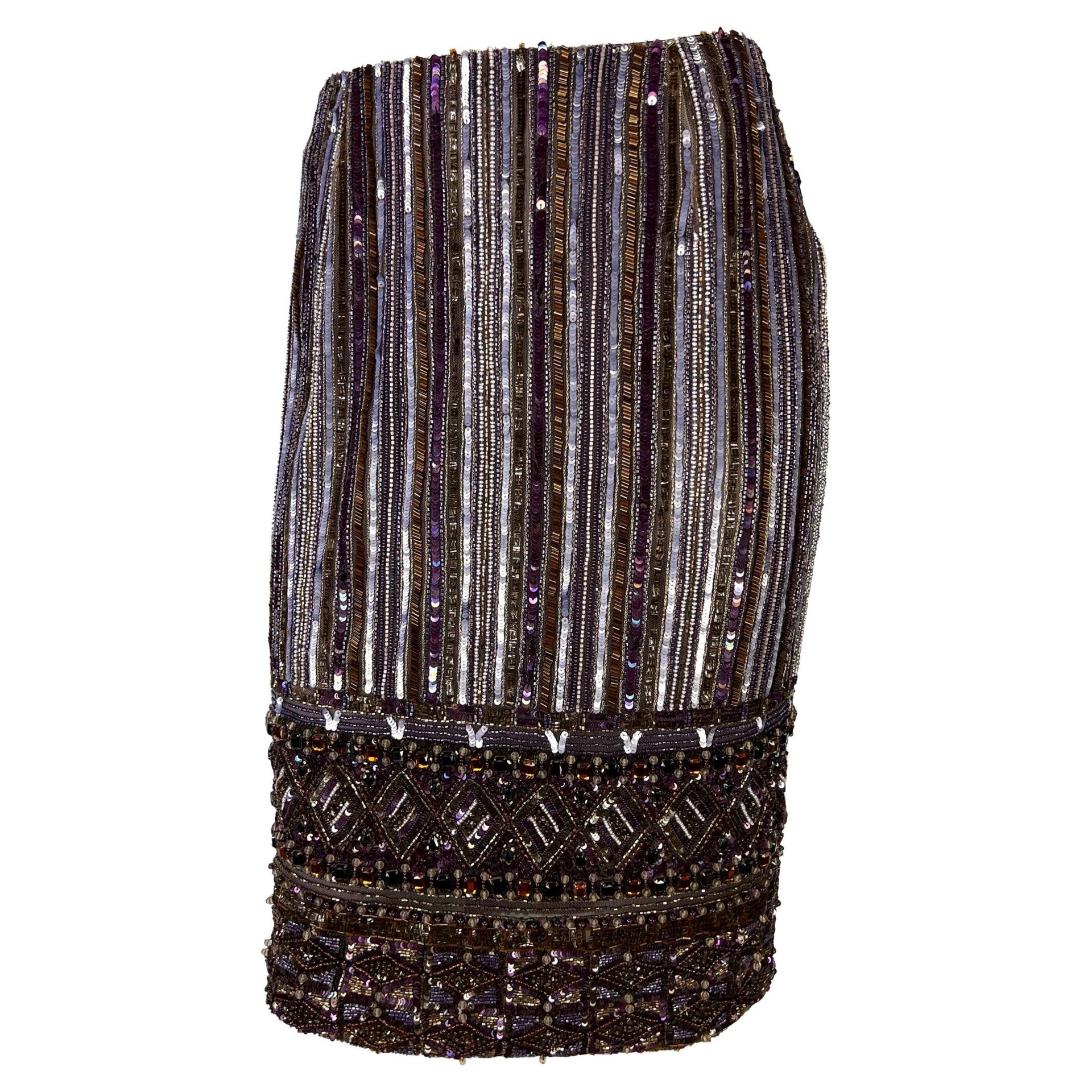 2000s Valentino Garavani Purple Heavily Beaded Crystal Pencil Skirt - RealList