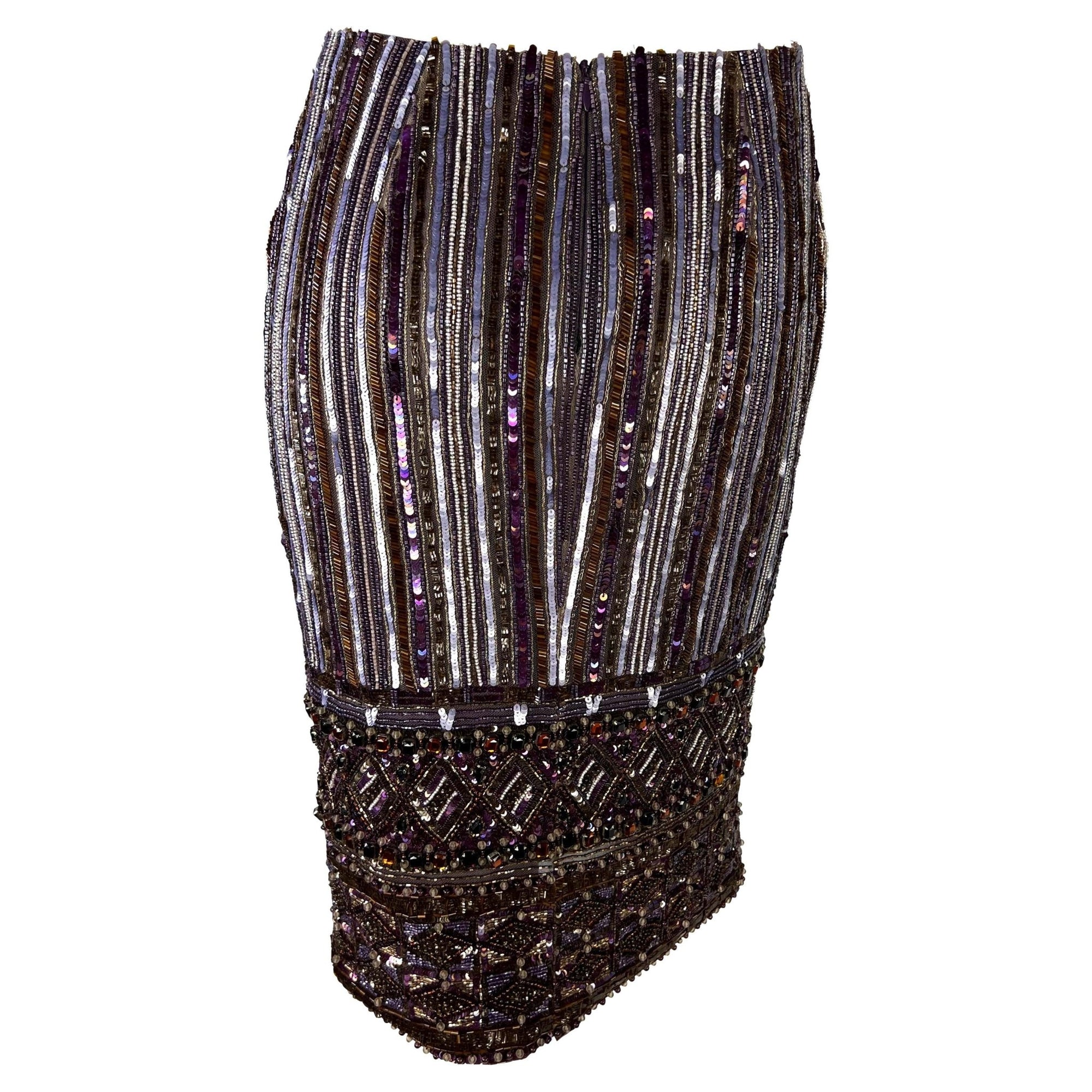 2000s Valentino Garavani Purple Heavily Beaded Crystal Pencil Skirt - RealList