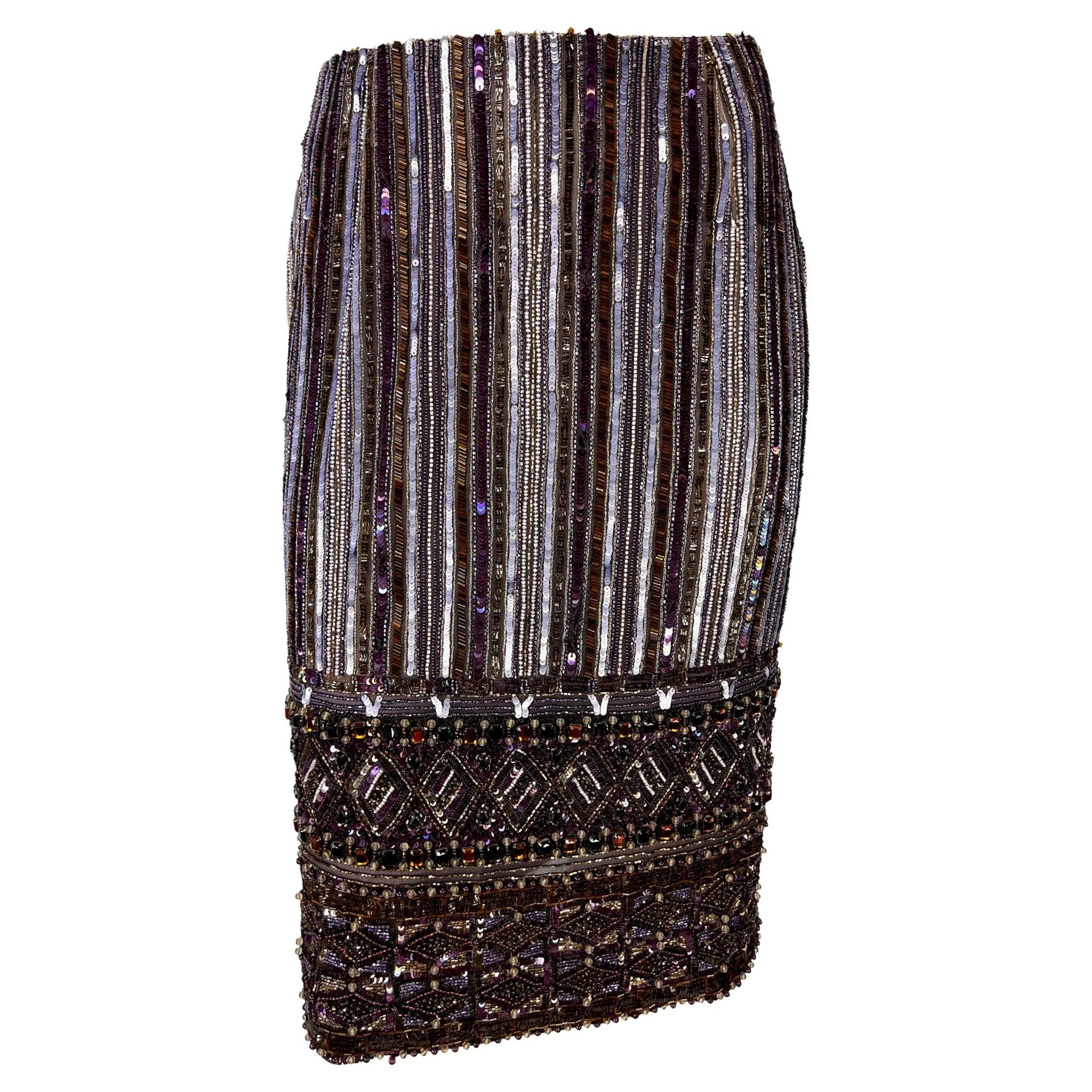 2000s Valentino Garavani Purple Heavily Beaded Crystal Pencil Skirt - RealList