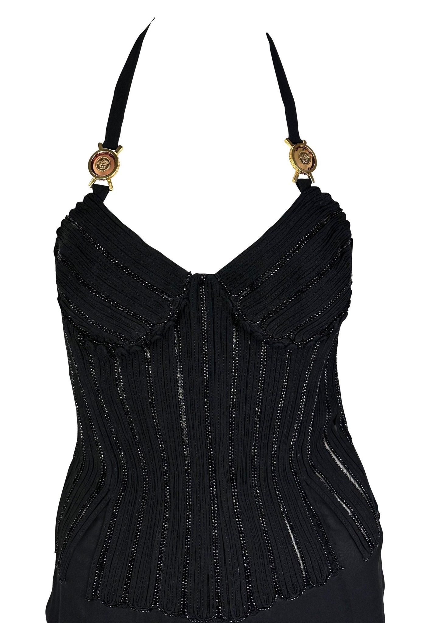 2000s Versace by Donatella Beaded Corset Cinched Medusa Logo Black Mini Dress - RealList