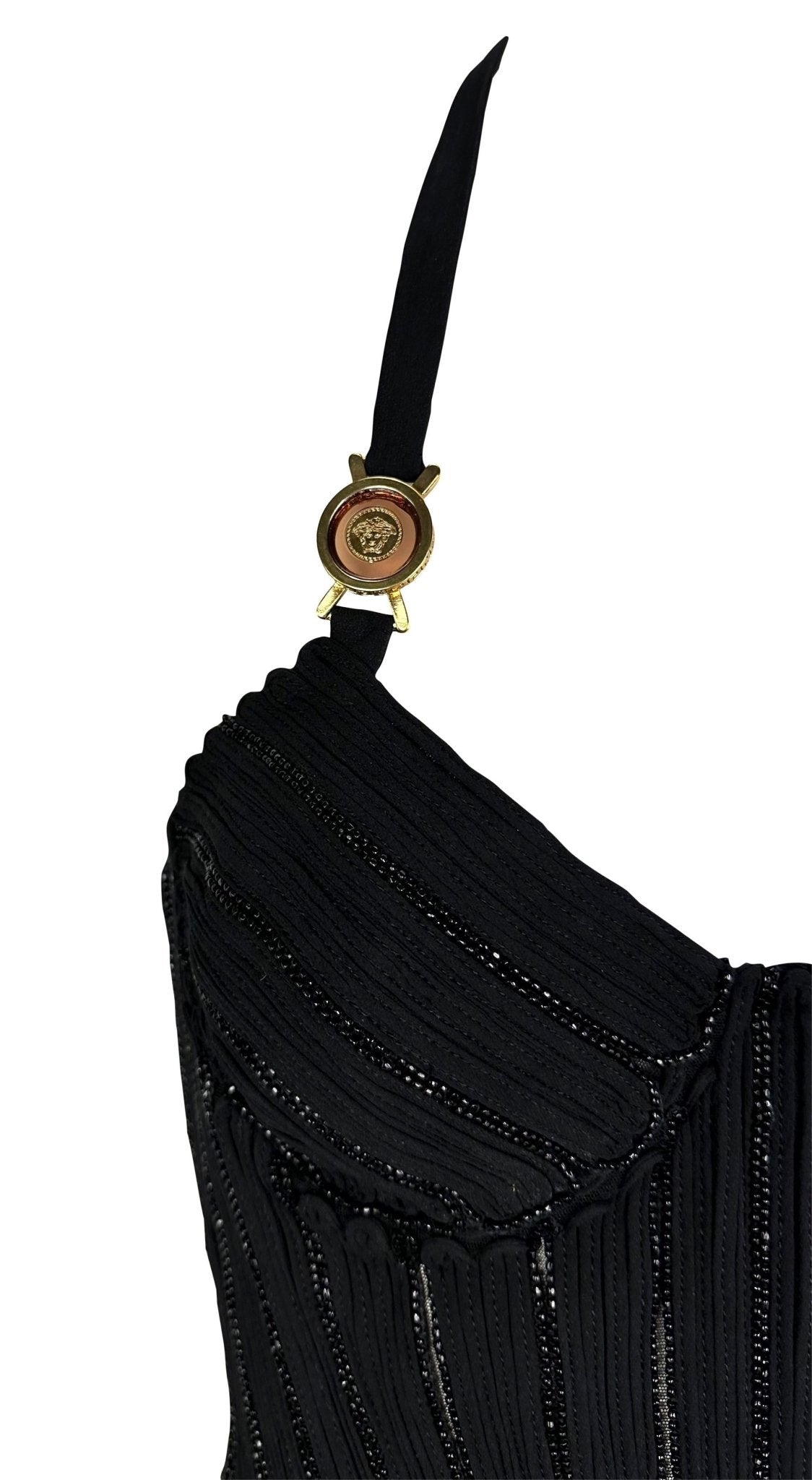 2000s Versace by Donatella Beaded Corset Cinched Medusa Logo Black Mini Dress - RealList