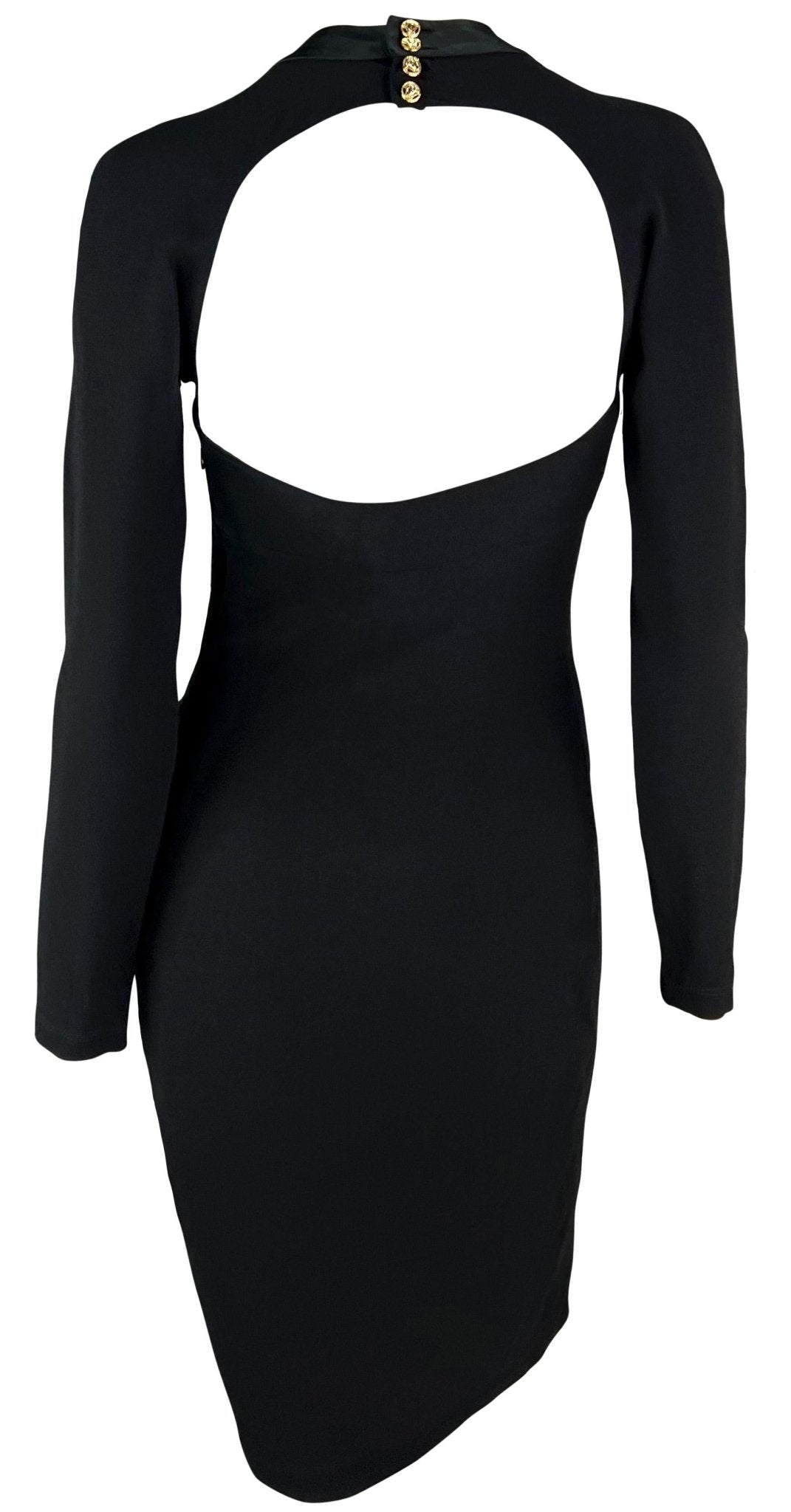 2000s Versace by Donatella Black Ribbon Halter Neck Medusa Cutout Dress - RealList